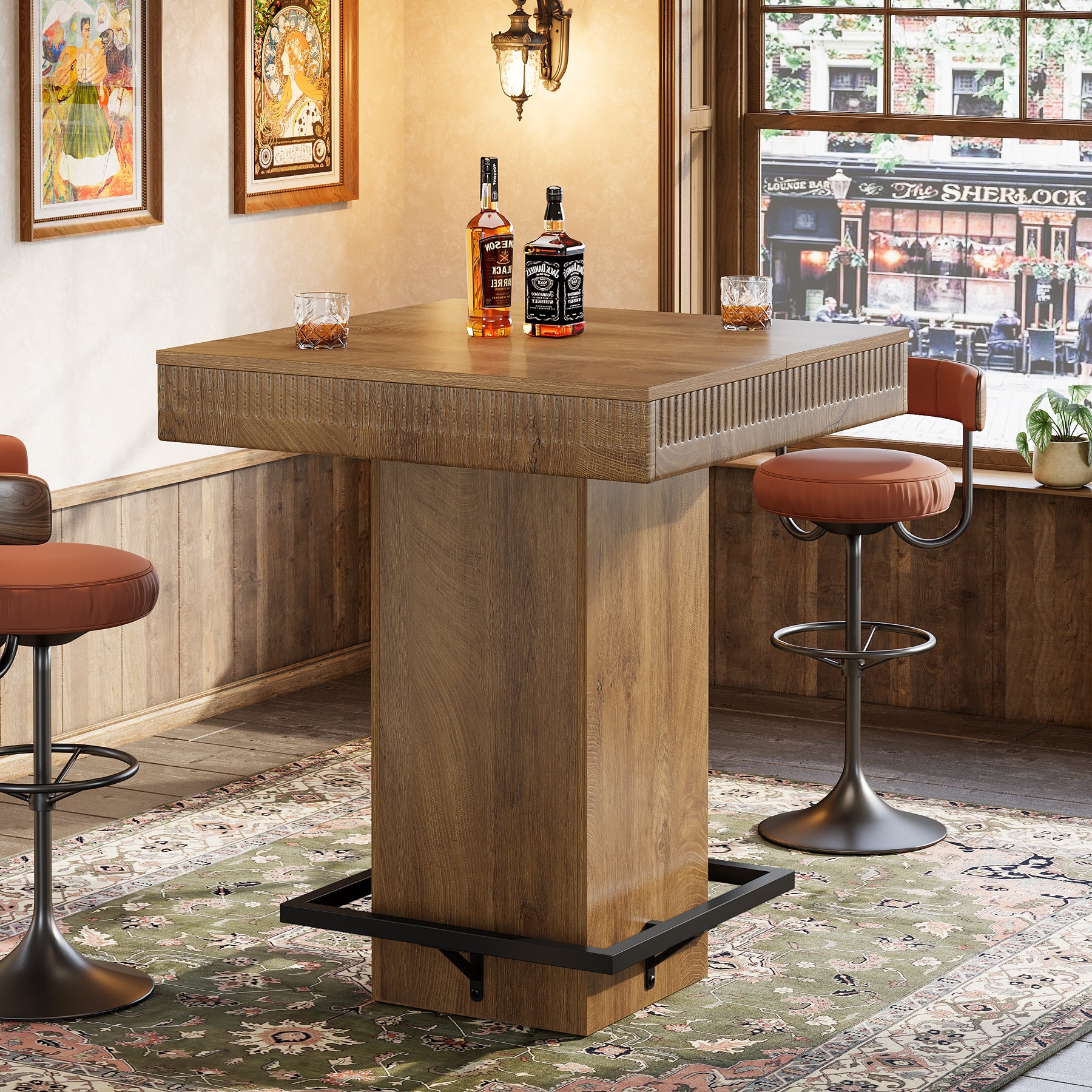 Tribesigns 31.5-Inch Square Bar Table with Metal Footrest, Industrial Pub Table for Small Kitchens