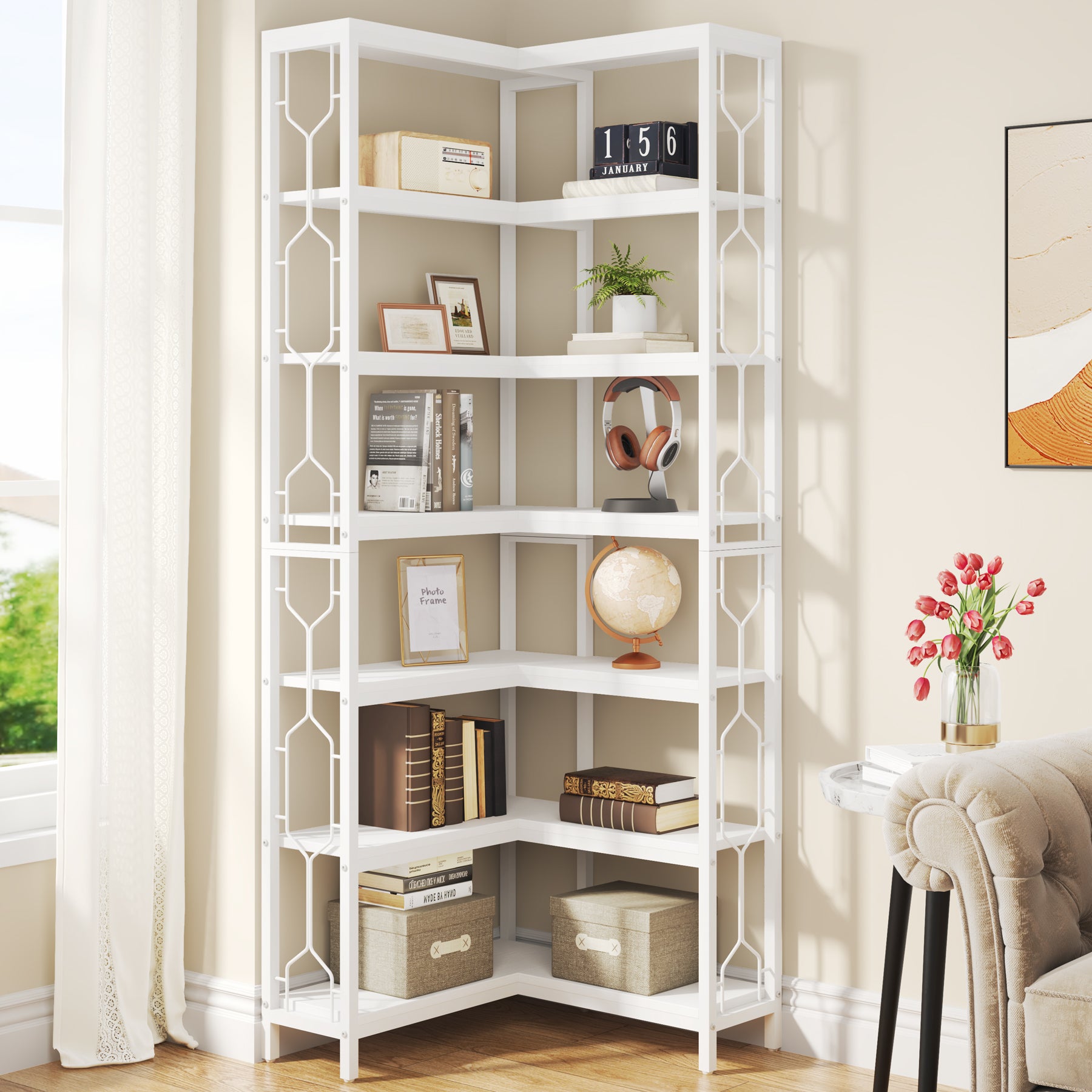 78.7-Inch 7-Tier Corner Bookcase with Hexagon-Pattern Side Panels, Tall Display Unit for Living Room