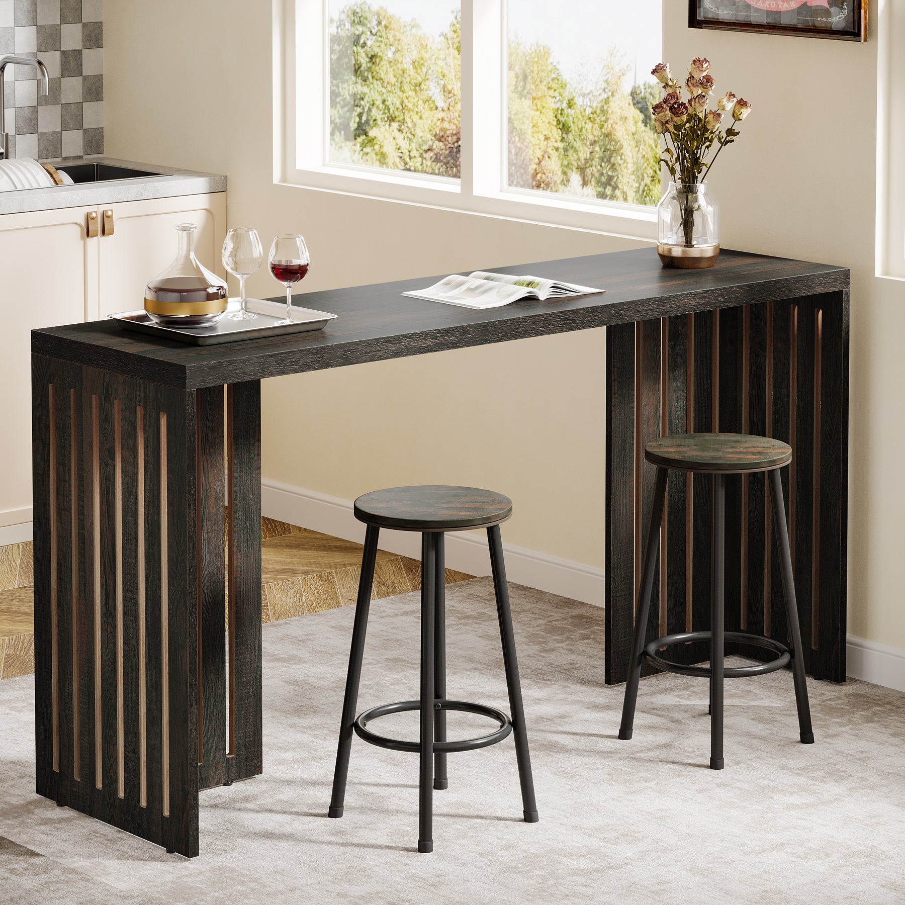 Tribesigns 63-Inch Bar Table, Industrial Counter Height Pub Table with Louvered Base for Kitchen