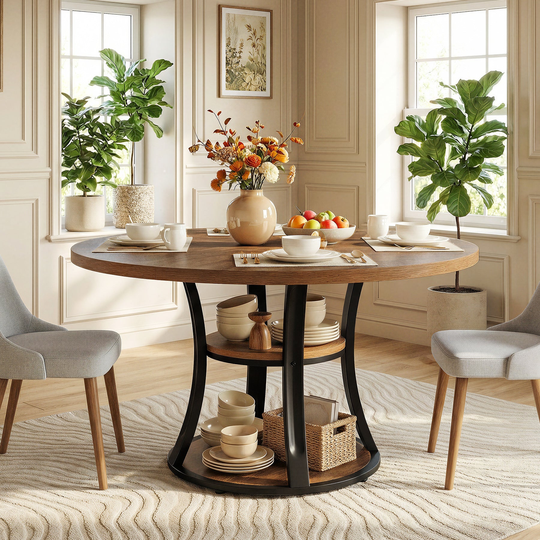Tribesigns 39-Inch Round Dining Table for 2-4, 2-Tier Pedestal Table with Storage