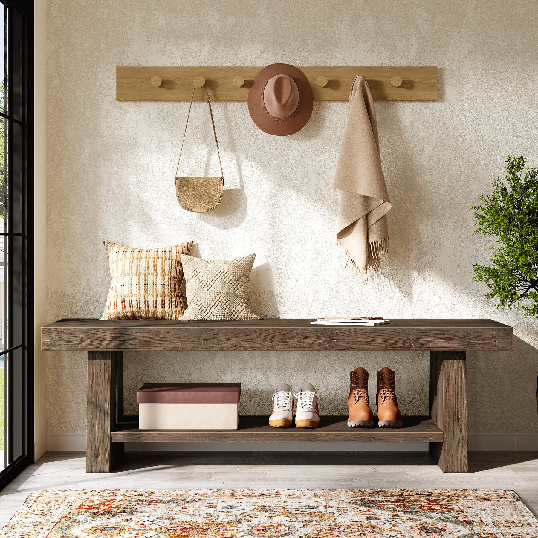 Tribesigns 63-Inch Solid Wood Farmhouse Bench with 2-Tier Open Shoe Storage