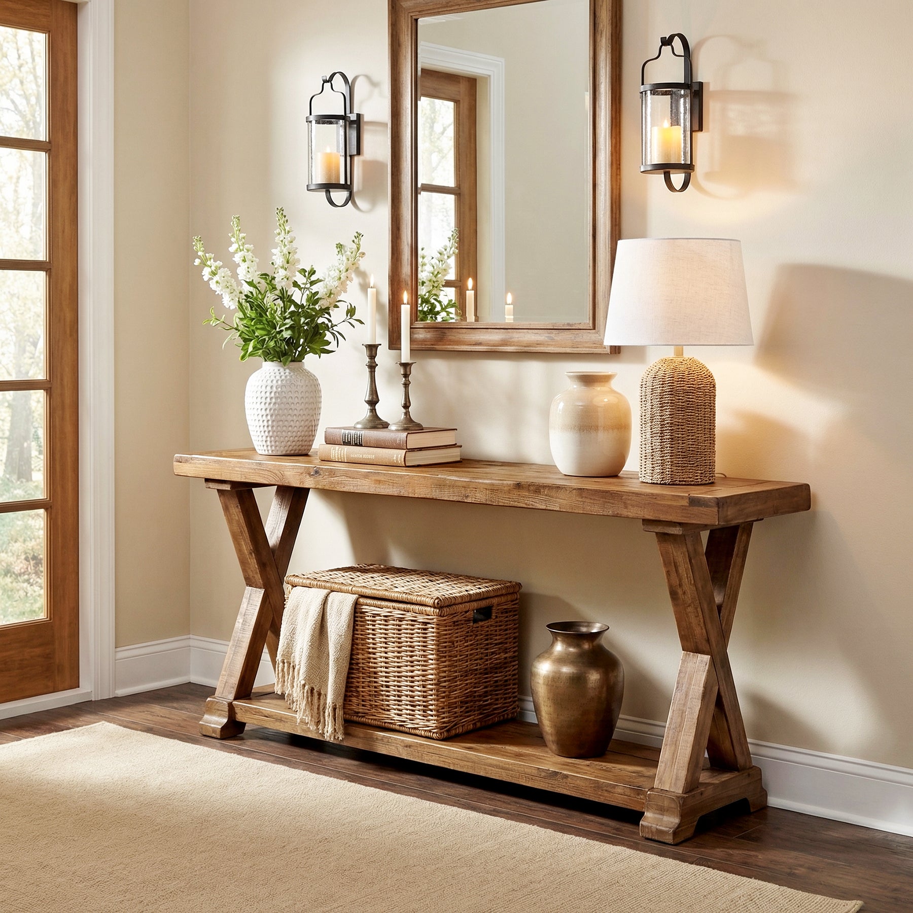 63 Inch Solid Wood Console Table with Storage, 2 Tier Farmhouse Sofa Table