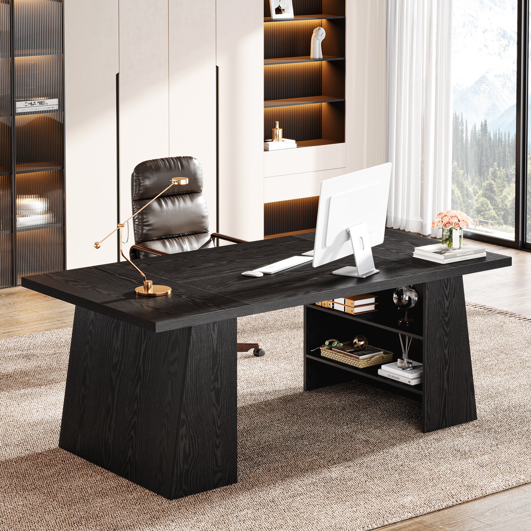 Tribesigns 63-Inch Modern Executive Desk with Storage Shelves, Black Office Desk for Home Office and Business Workstation