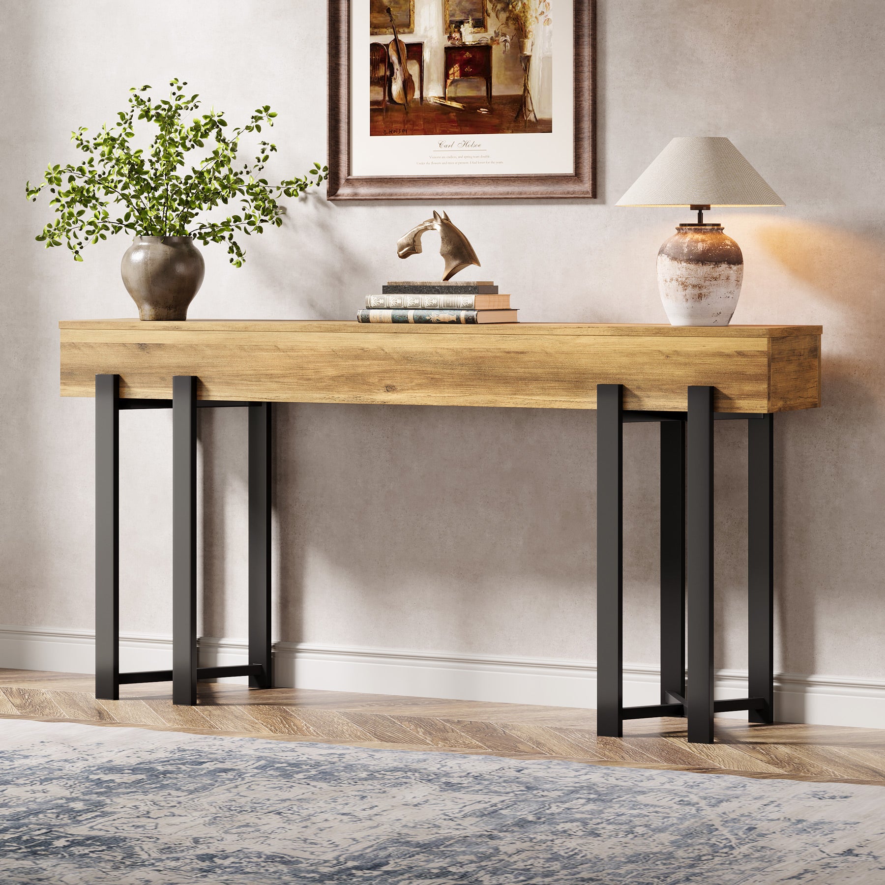 63" Industrial Console Table with Metal Frame, Wooden Sofa Table for Entryway and Living Room