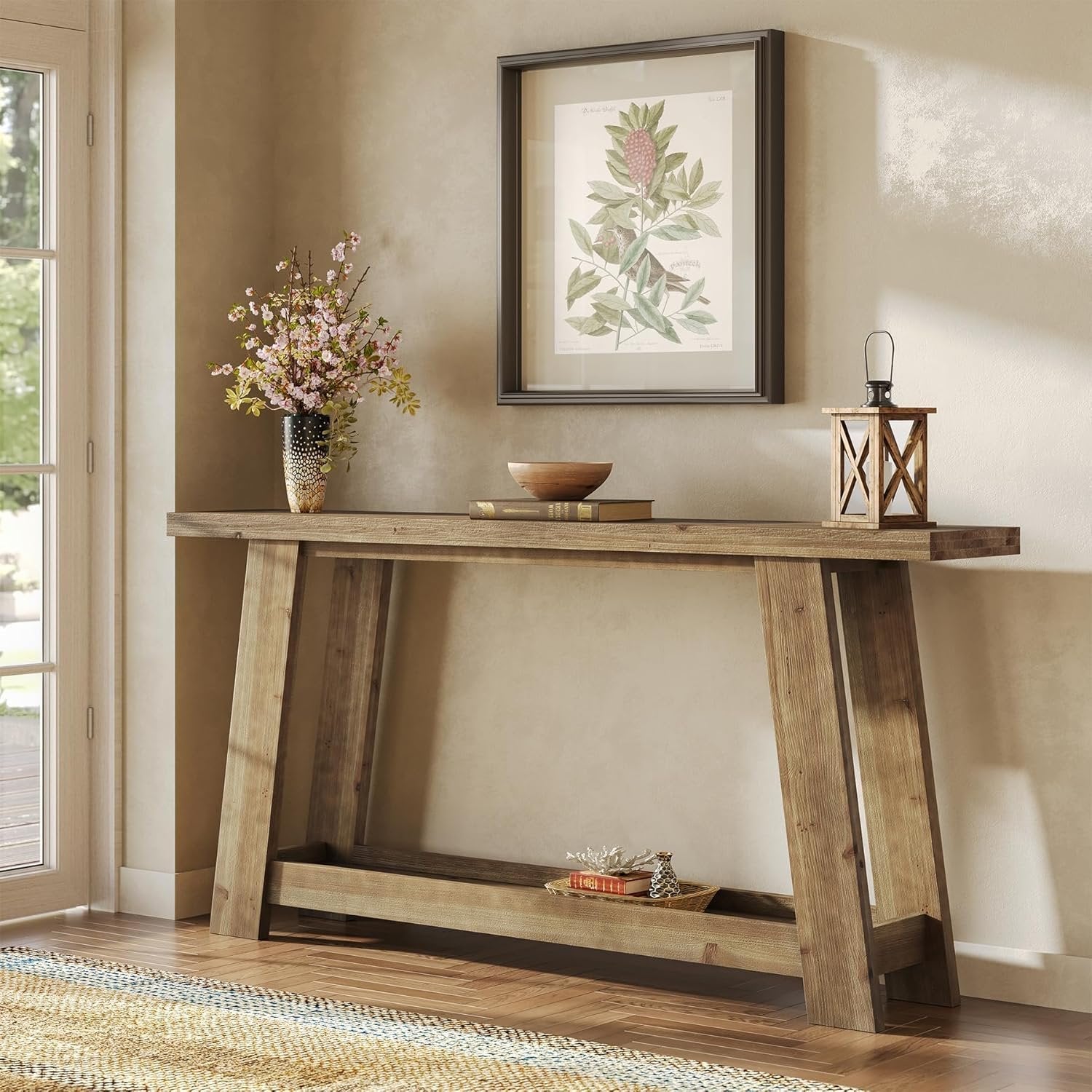 63" Console Table, Farmhouse Wood Sofa Entryway Table with 2-Tier Shelf