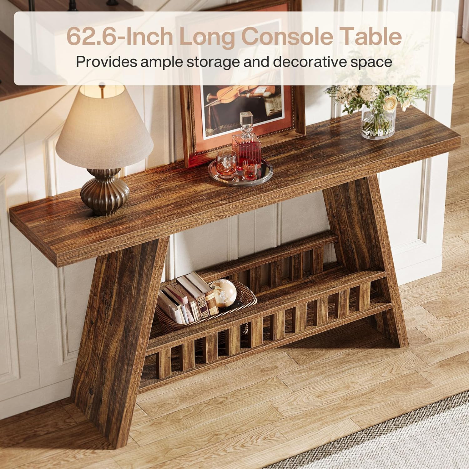 63" Farmhouse Console Table - 2-Tier Narrow Sofa Table for Living Room