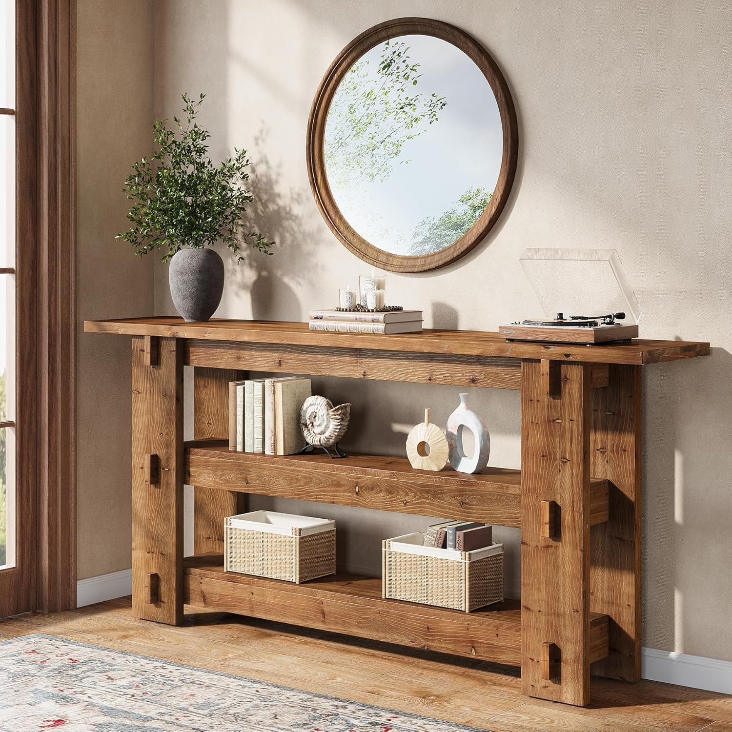63-Inch Solid Wood Console Table with Storage Shelves, Farmhouse Sofa Table for Hallway