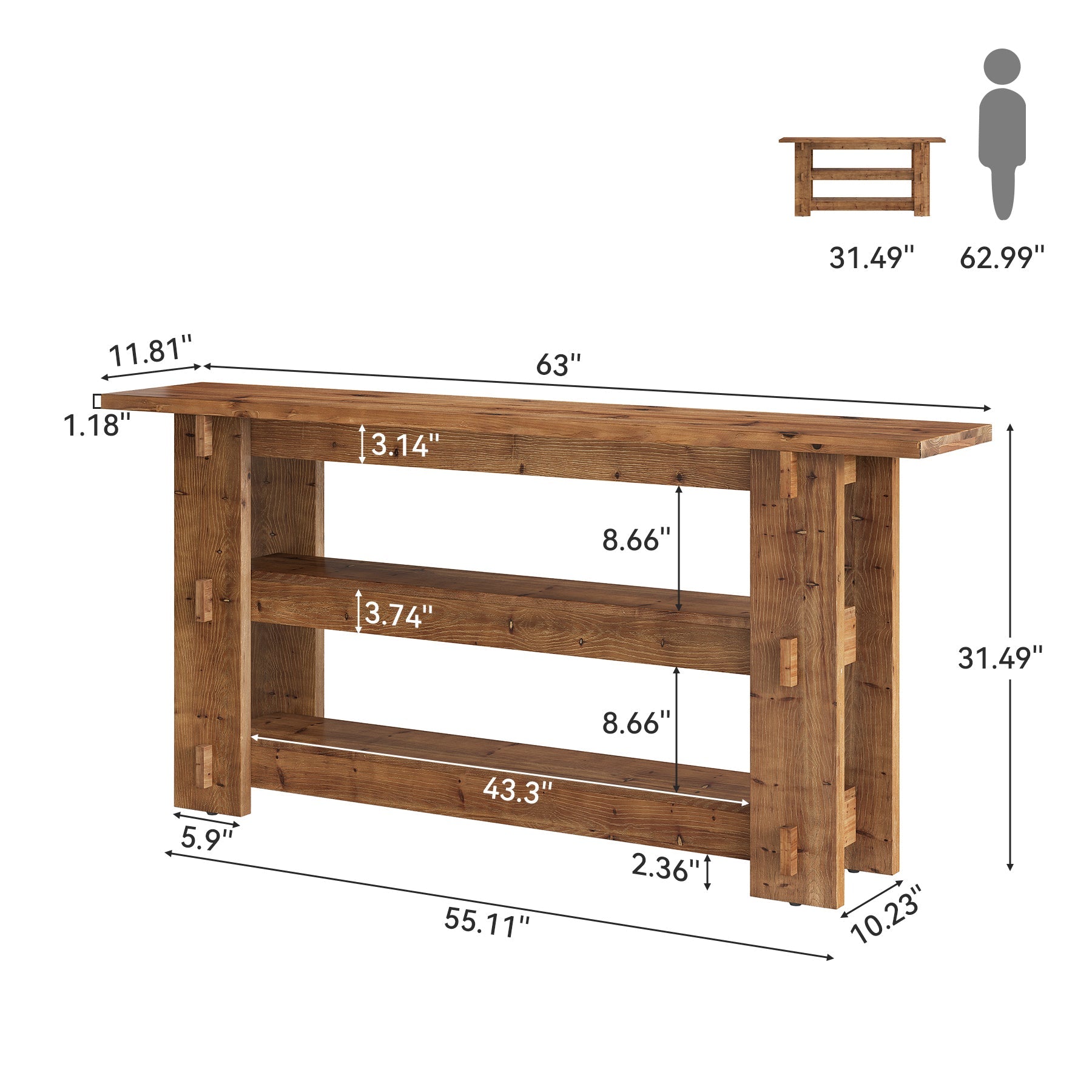 63-Inch Solid Wood Console Table with Storage Shelves, Farmhouse Sofa Table for Hallway