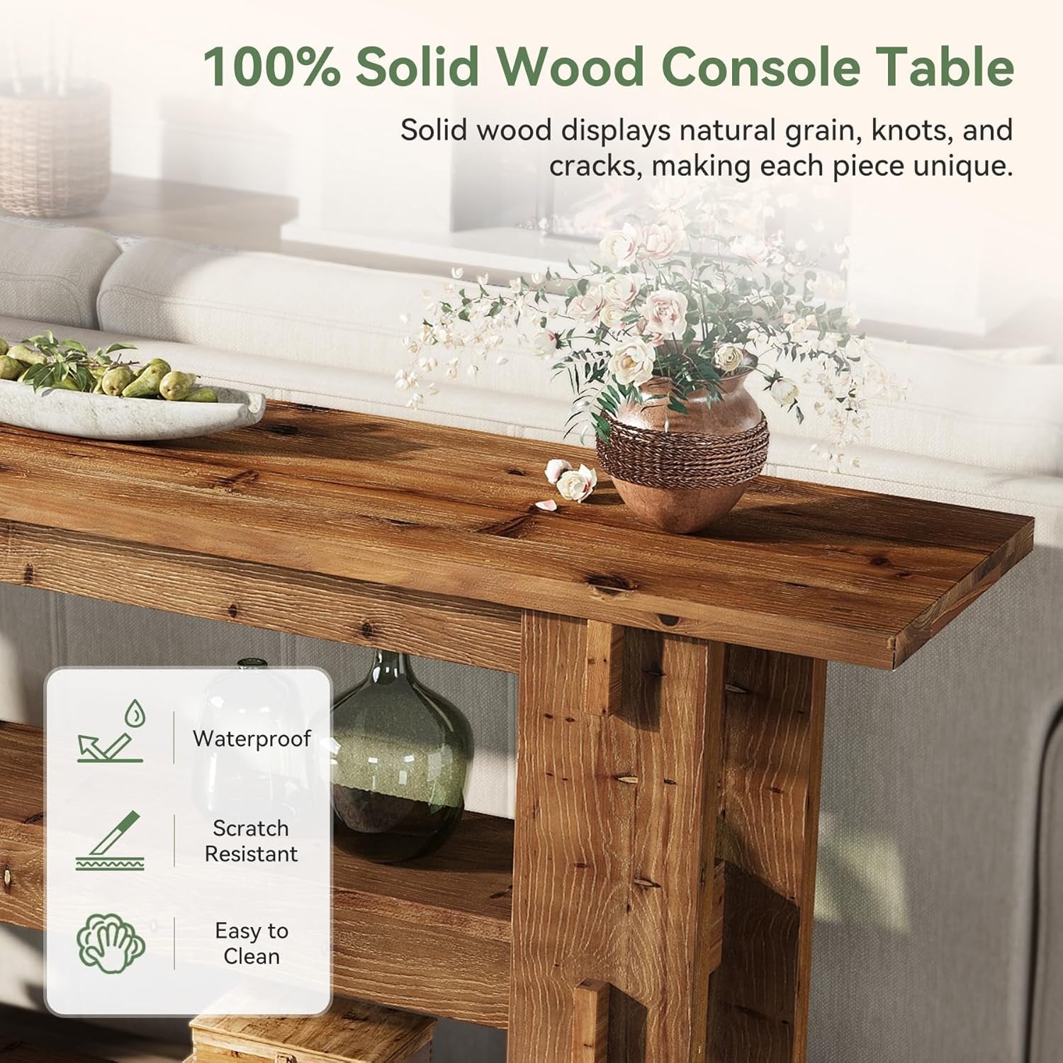 63-Inch Solid Wood Console Table with Storage Shelves, Farmhouse Sofa Table for Hallway