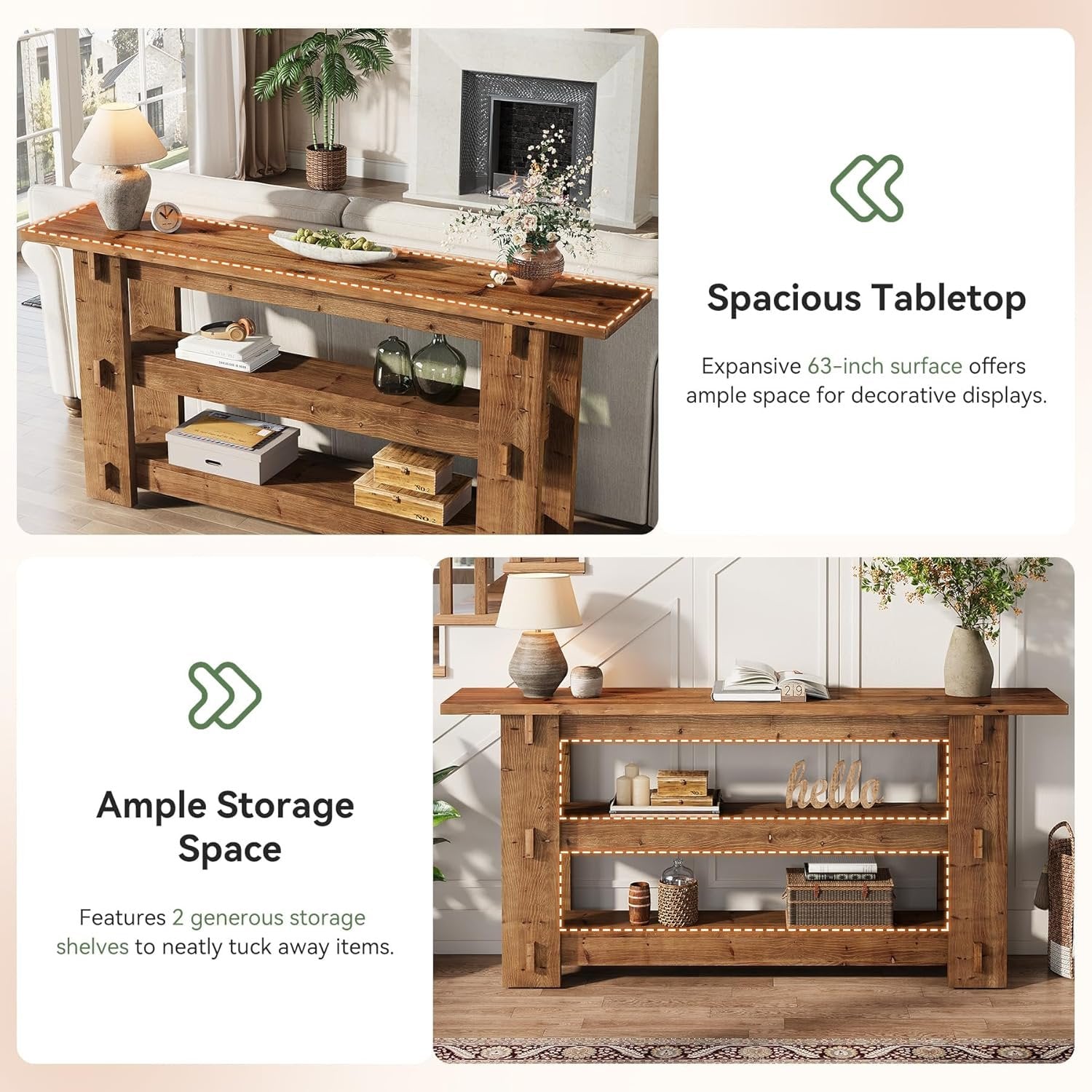 63-Inch Solid Wood Console Table with Storage Shelves, Farmhouse Sofa Table for Hallway