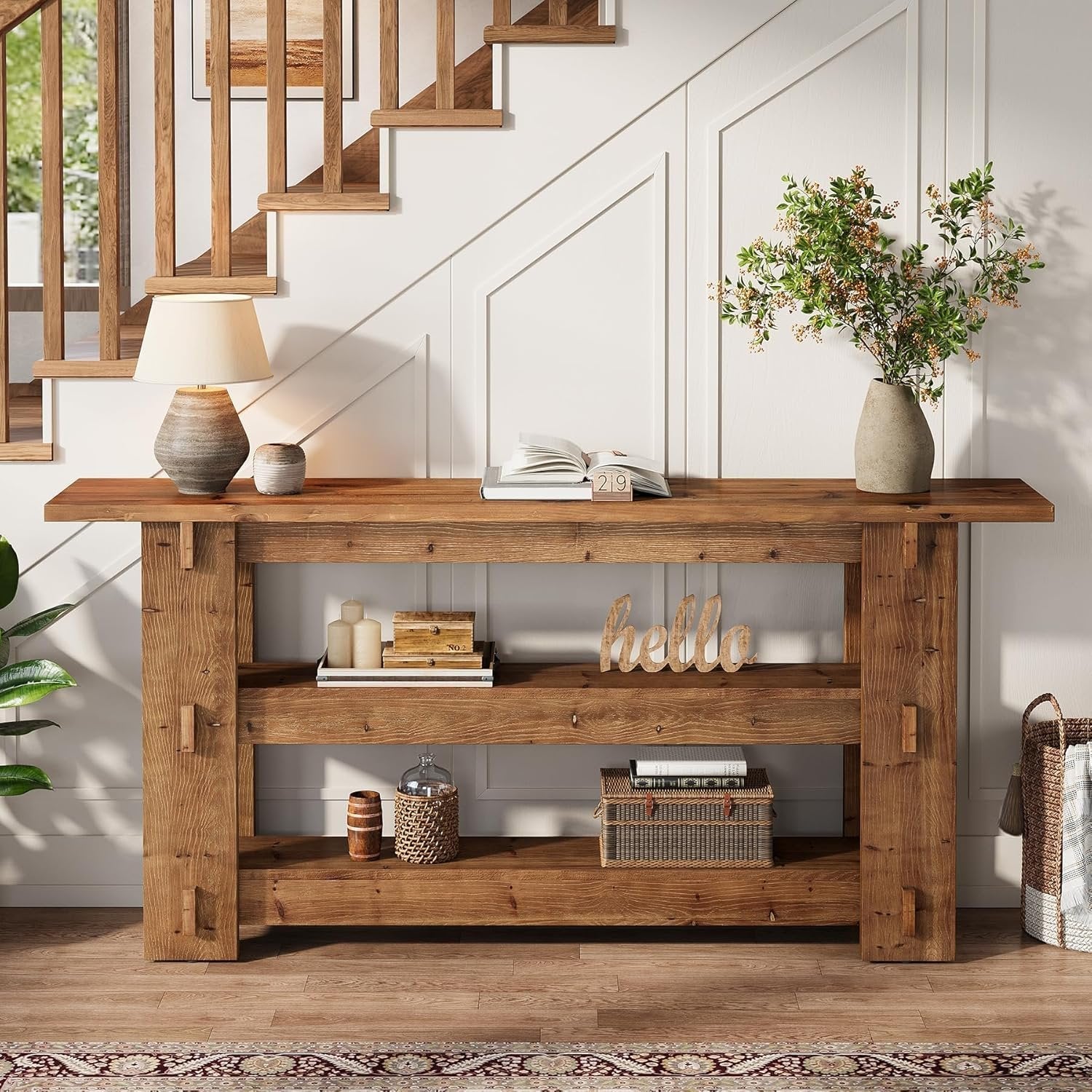 63-Inch Solid Wood Console Table with Storage Shelves, Farmhouse Sofa Table for Hallway