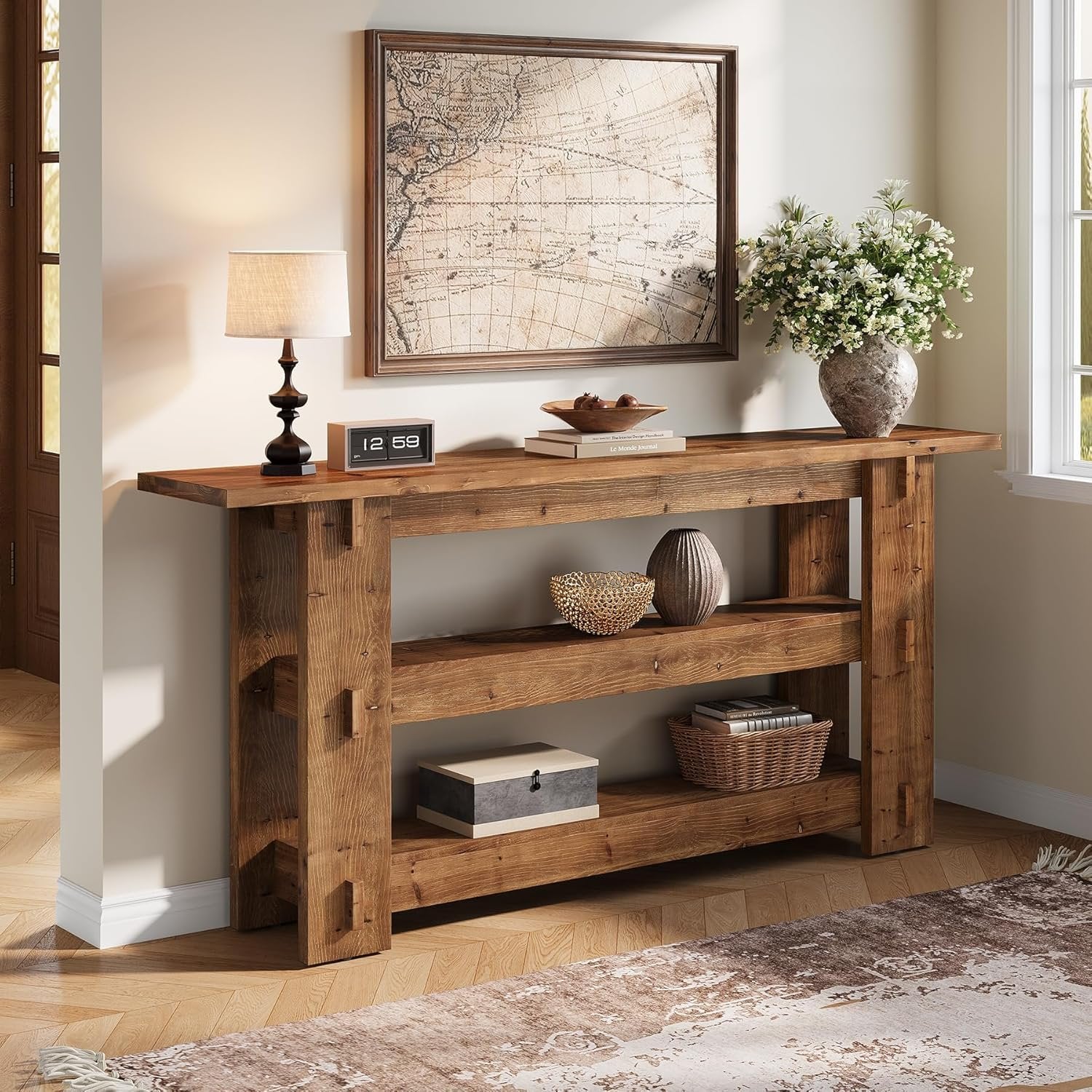 63-Inch Solid Wood Console Table with Storage Shelves, Farmhouse Sofa Table for Hallway