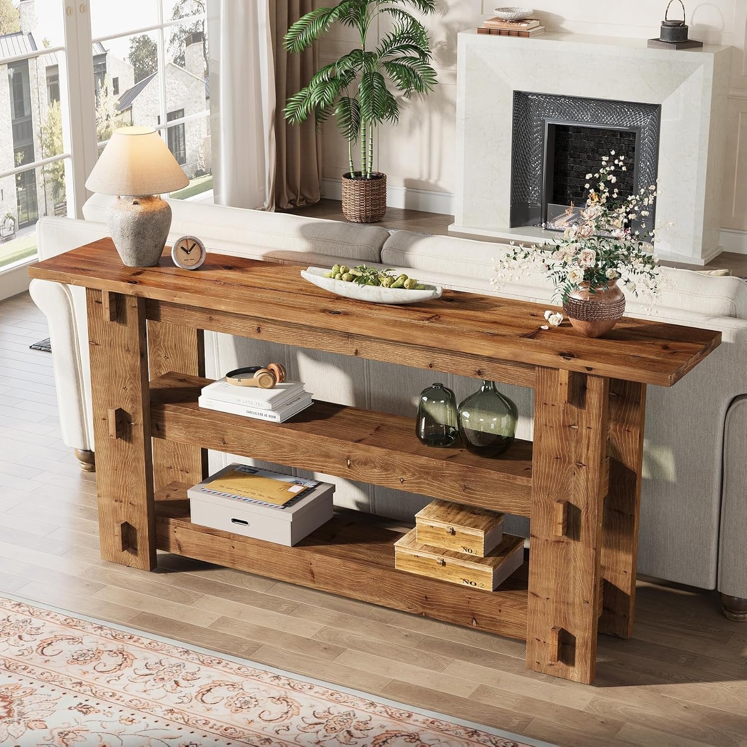 63-Inch Solid Wood Console Table with Storage Shelves, Farmhouse Sofa Table for Hallway
