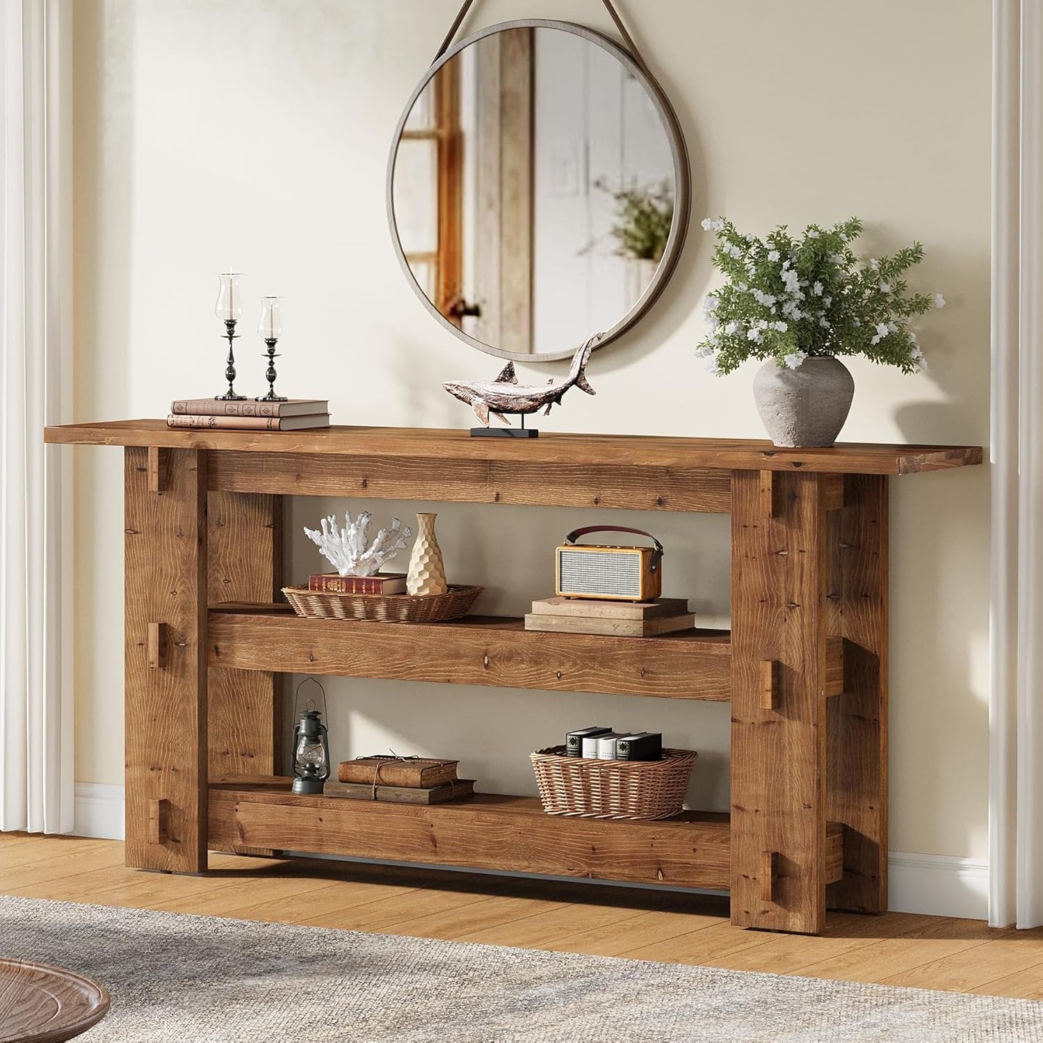 63-Inch Solid Wood Console Table with Storage Shelves, Farmhouse Sofa Table for Hallway