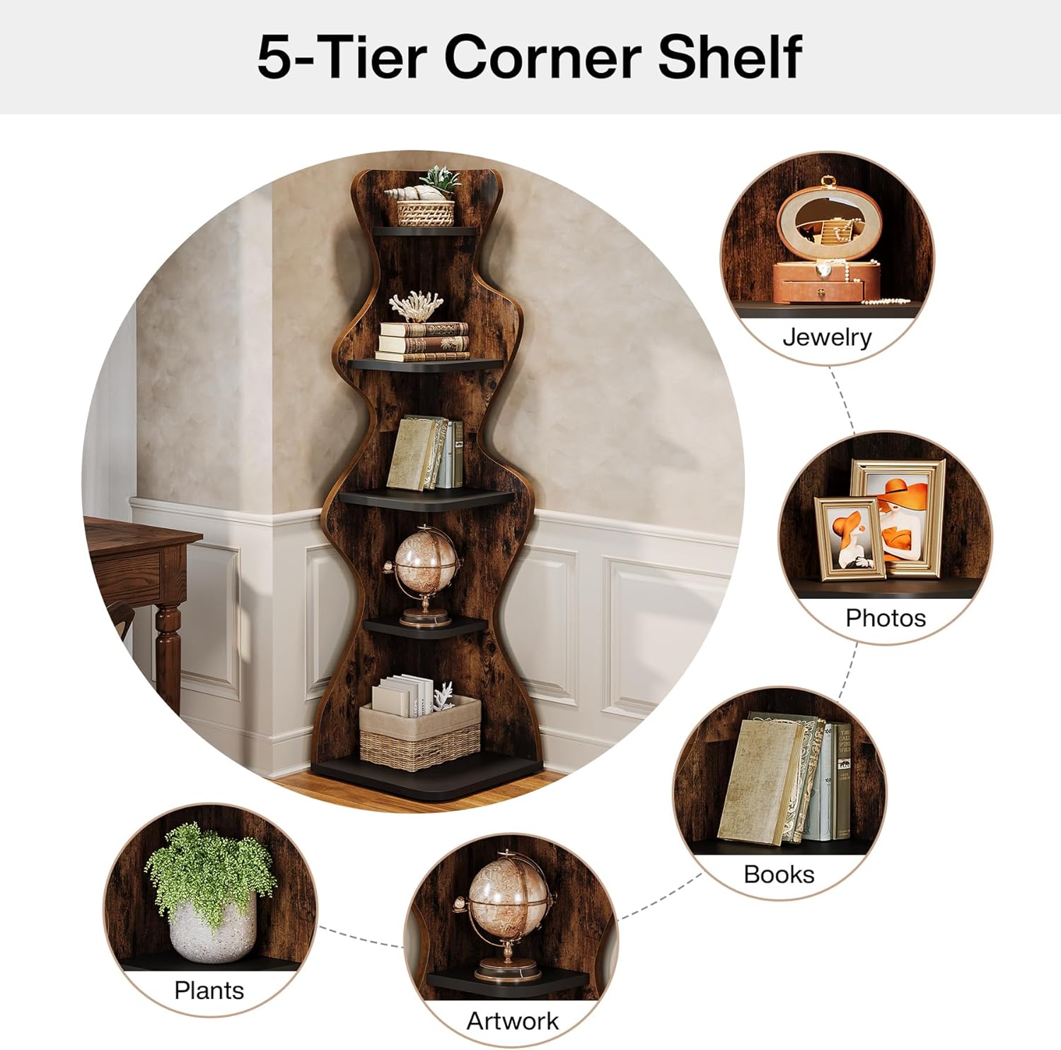 69" Corner Bookshelf - 5-Tier Display Shelf for Small Spaces