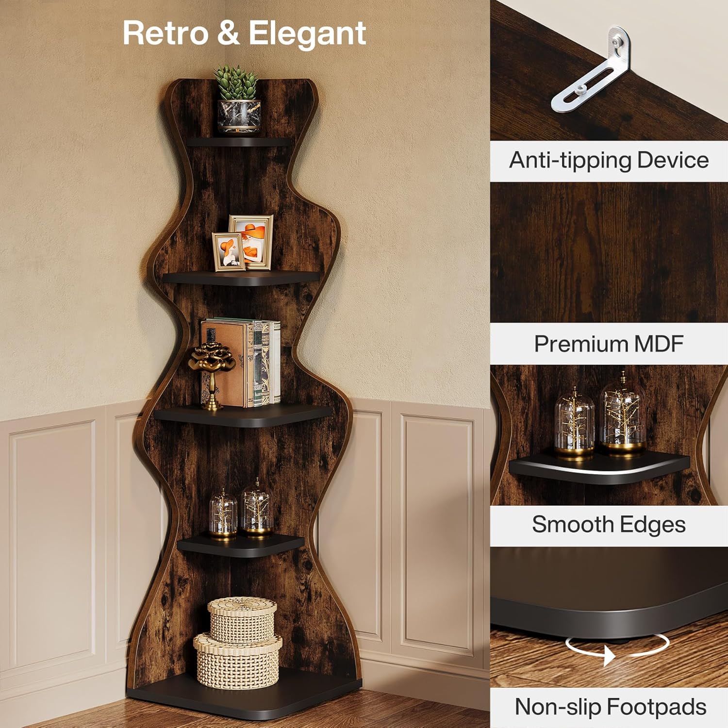 69" Corner Bookshelf - 5-Tier Display Shelf for Small Spaces