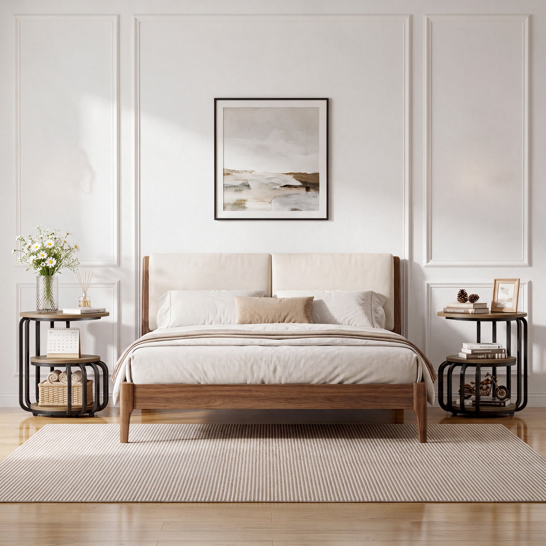 19.69 Inch Round Nightstand, 3 Tier Industrial Side Table with Storage for Bedroom