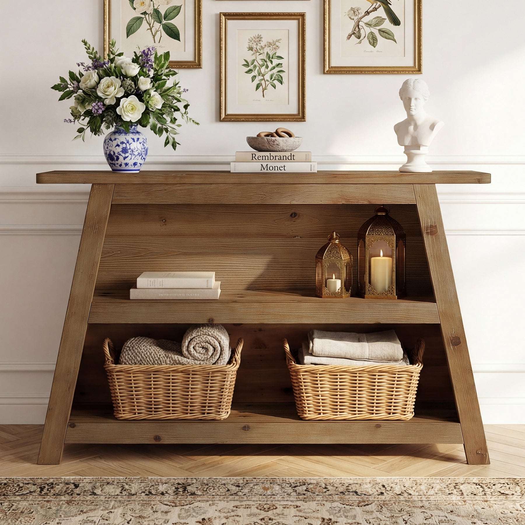 47.24-Inch Solid Wood Console Table, Farmhouse Entryway Table with 3-Tier Shelves