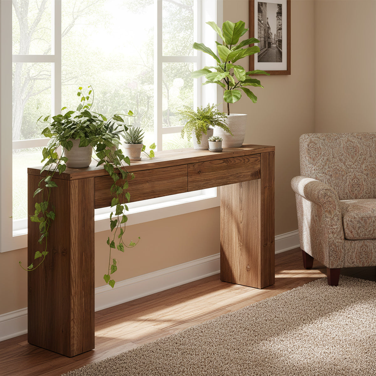 Tribesigns 63 Inch Solid Wood Sofa Table with 2 Drawers and Storage, Rustic Console Table for Living Room