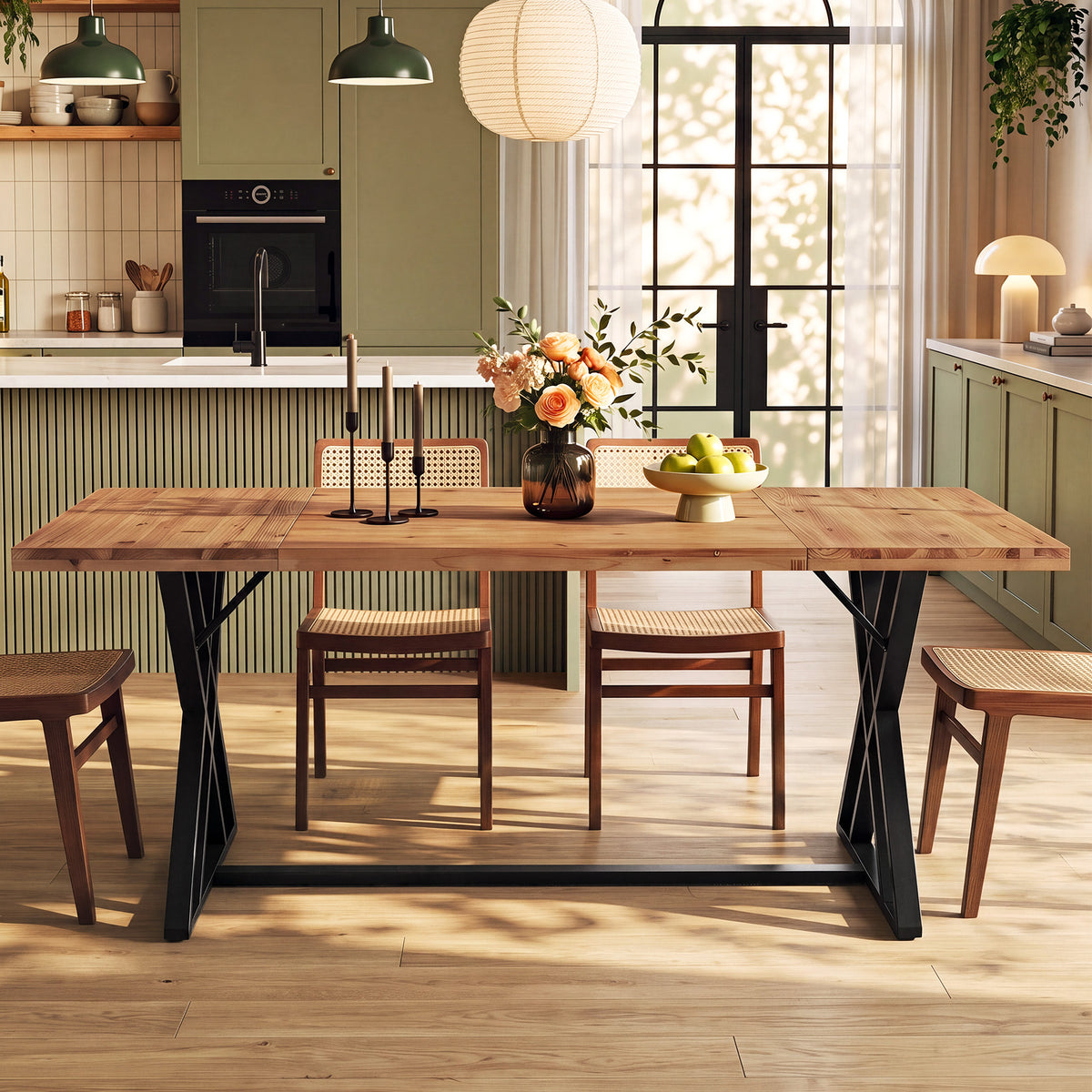 Tribesigns 63 Inch Solid Wood Dining Table with X-Shaped Metal Legs, Farmhouse Kitchen Table