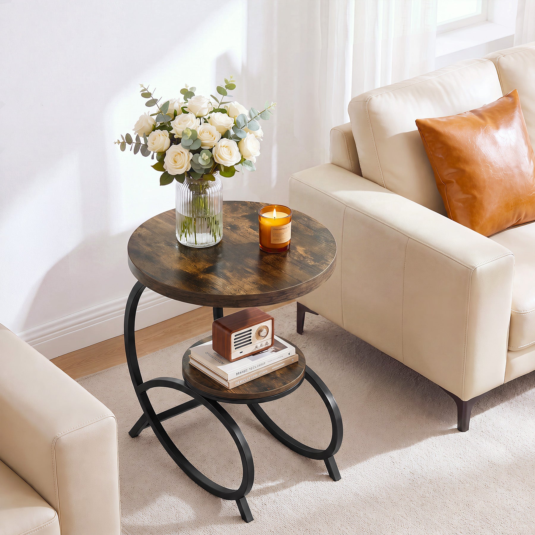 19.69 Inch C Shaped Side Table, 2 Tier Round End Table with Storage for Living Room