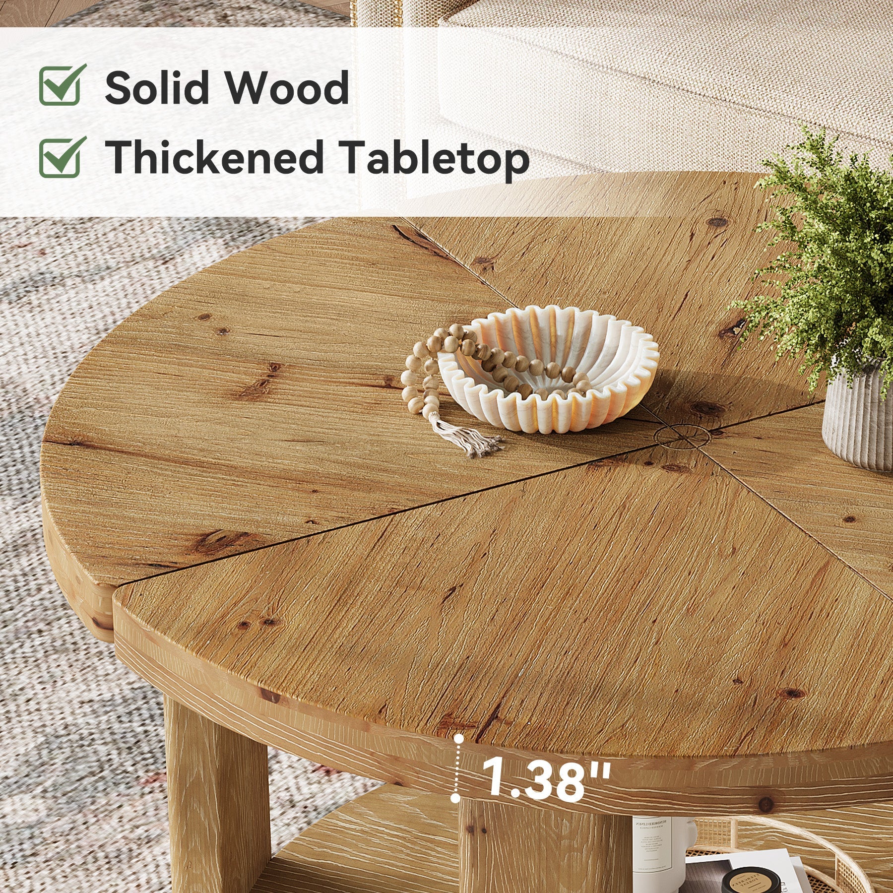 31.5" Farmhouse 2-Tier Coffee Table, Round Solid Wood Storage Table in Natural Brown