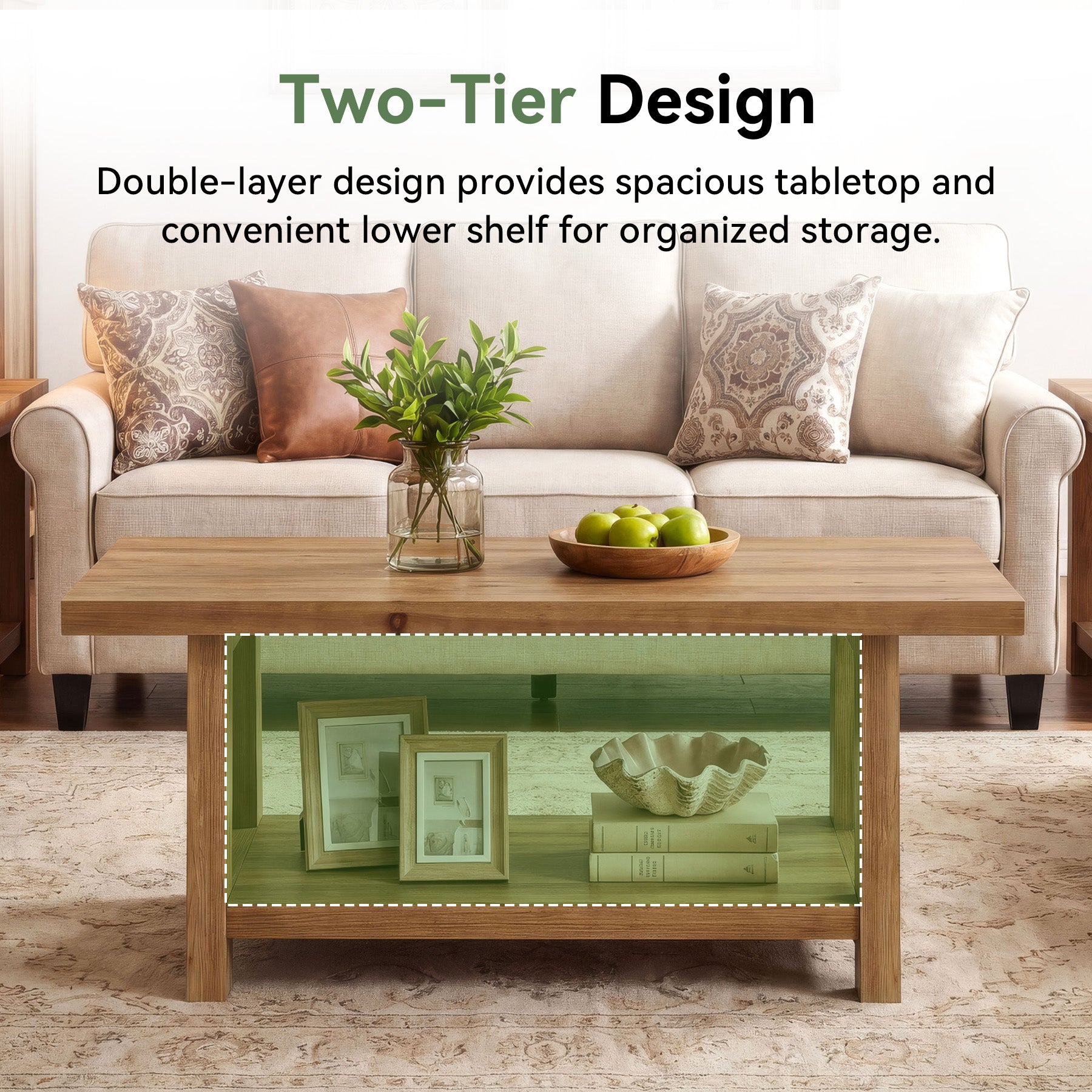 Tribesigns 47.2-Inch Solid Wood Coffee Table, 2-Tier Storage Shelf Rectangle Center Table for Living Room