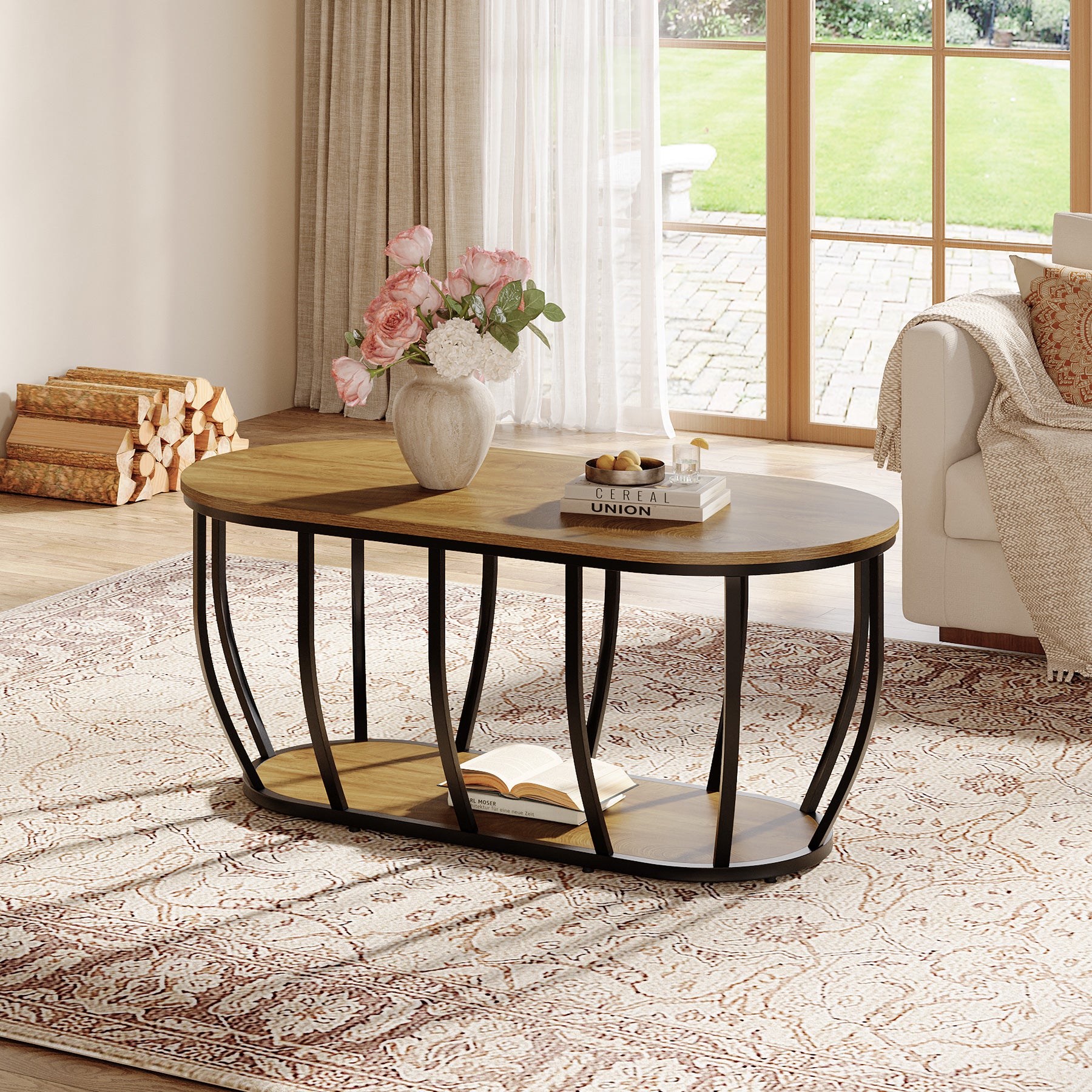 Tribesigns 47.2-Inch Oval Industrial Coffee Table, 2-Tier Wooden Center Table with Curved Metal Base