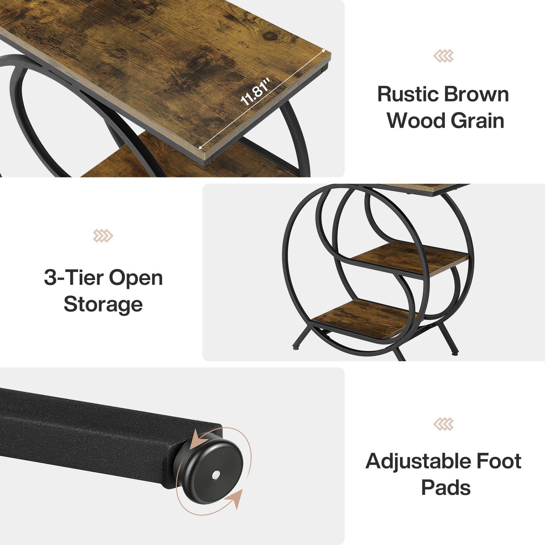 3-Tier Industrial End Table with Shelves, Rustic Side Table Nightstand