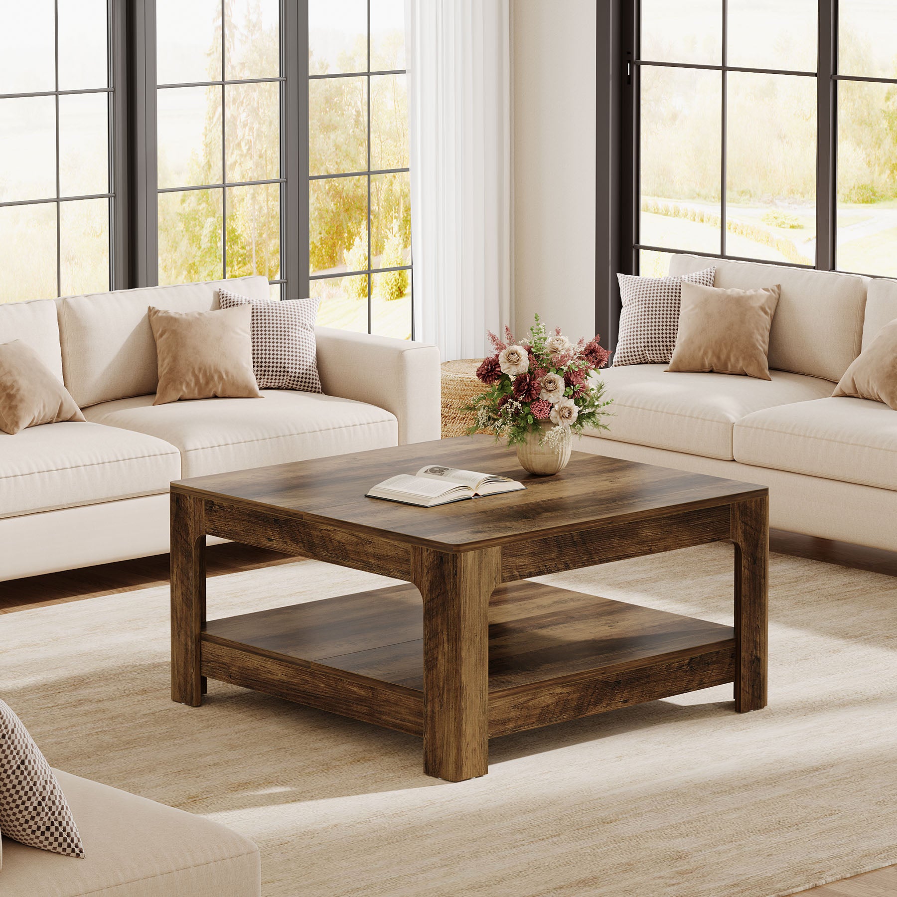 Tribesigns 39.4-Inch Square Coffee Table, Large Farmhouse Center Table with Storage Shelf for Living Room