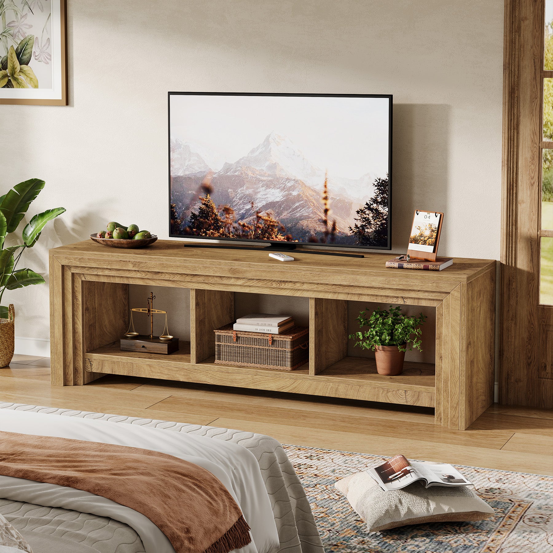 Tribesigns 63-Inch Farmhouse TV Stand, Oak Media Console with Open Storage for Living Room
