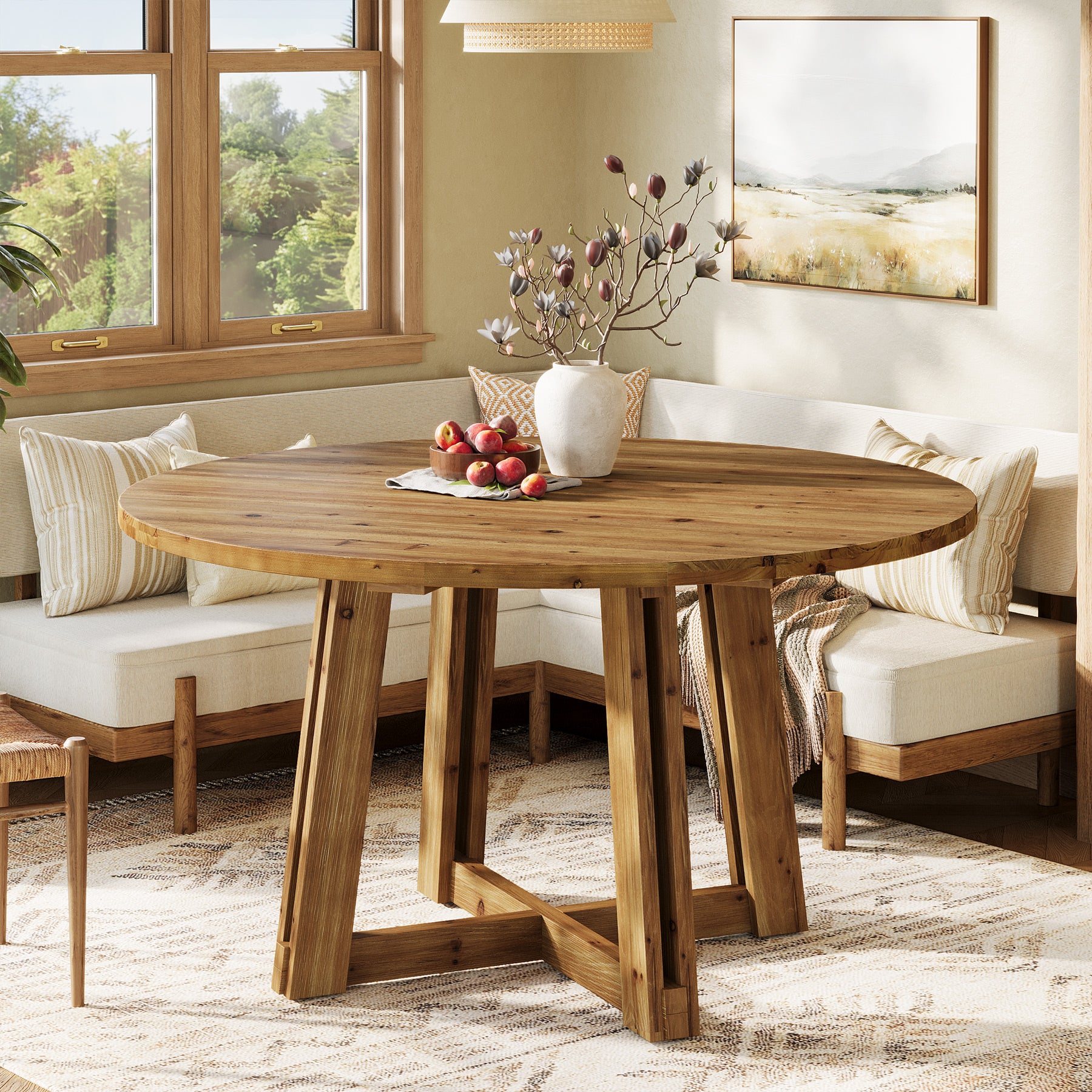 Tribesigns 47.3-Inch Solid Wood Round Dining Table for 4-6 People, Farmhouse Kitchen Table with Cross-Shaped Base for Dining Room