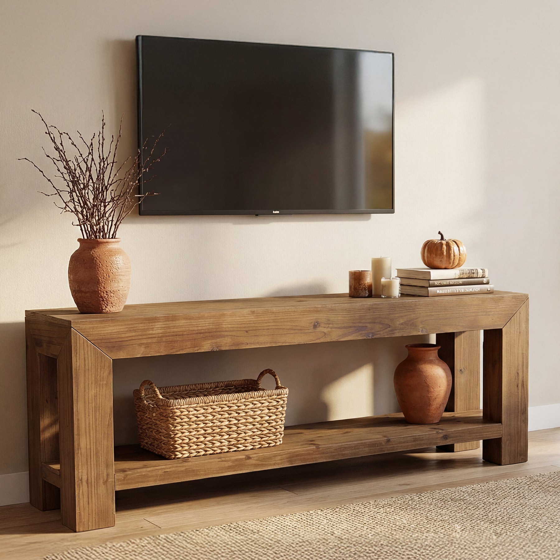 Tribesigns 63-Inch Solid Wood TV Stand for TVs up to 75 Inches with 2-Tier Open Storage Shelves