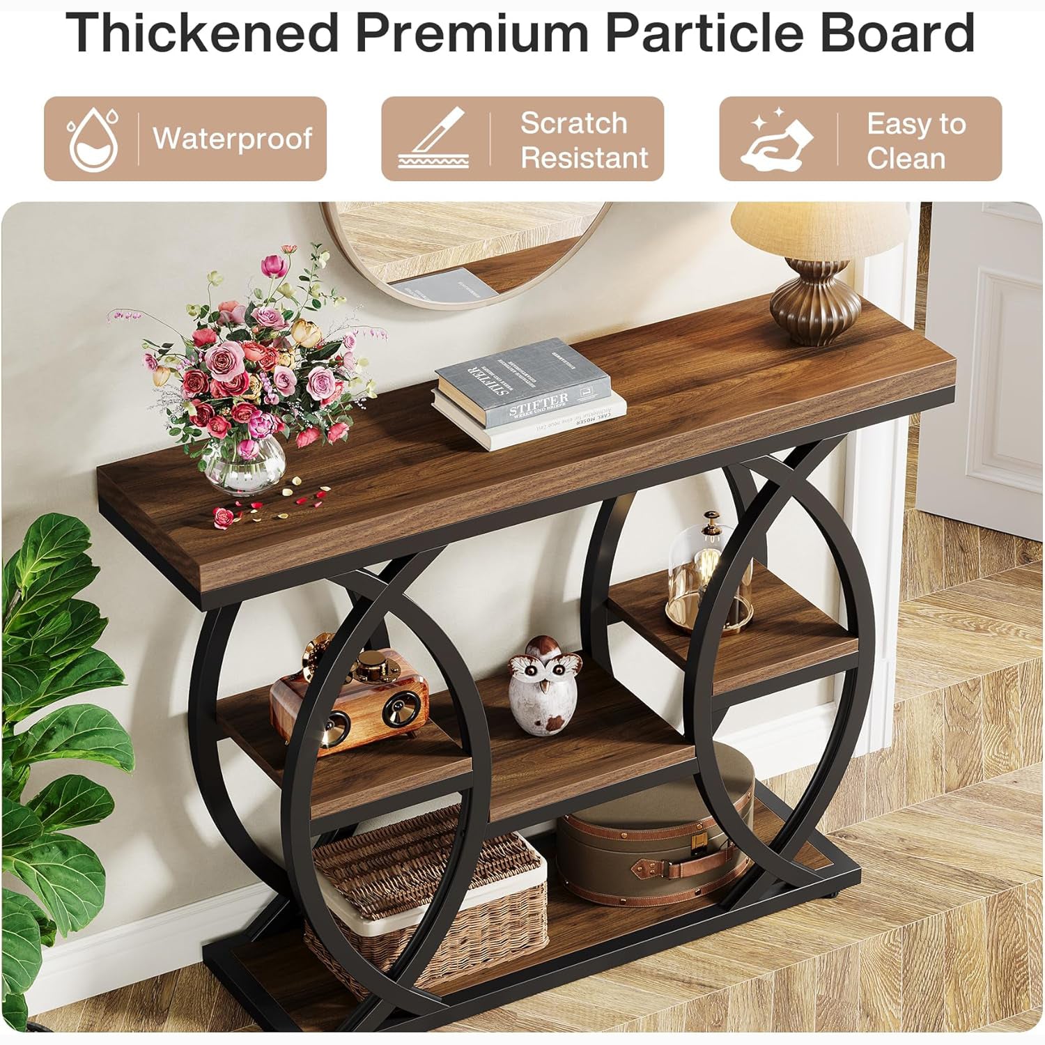 39.4" Industrial Console Table - 4-Tier Narrow Sofa Table with Metal Frame & Storage, Rustic Brown