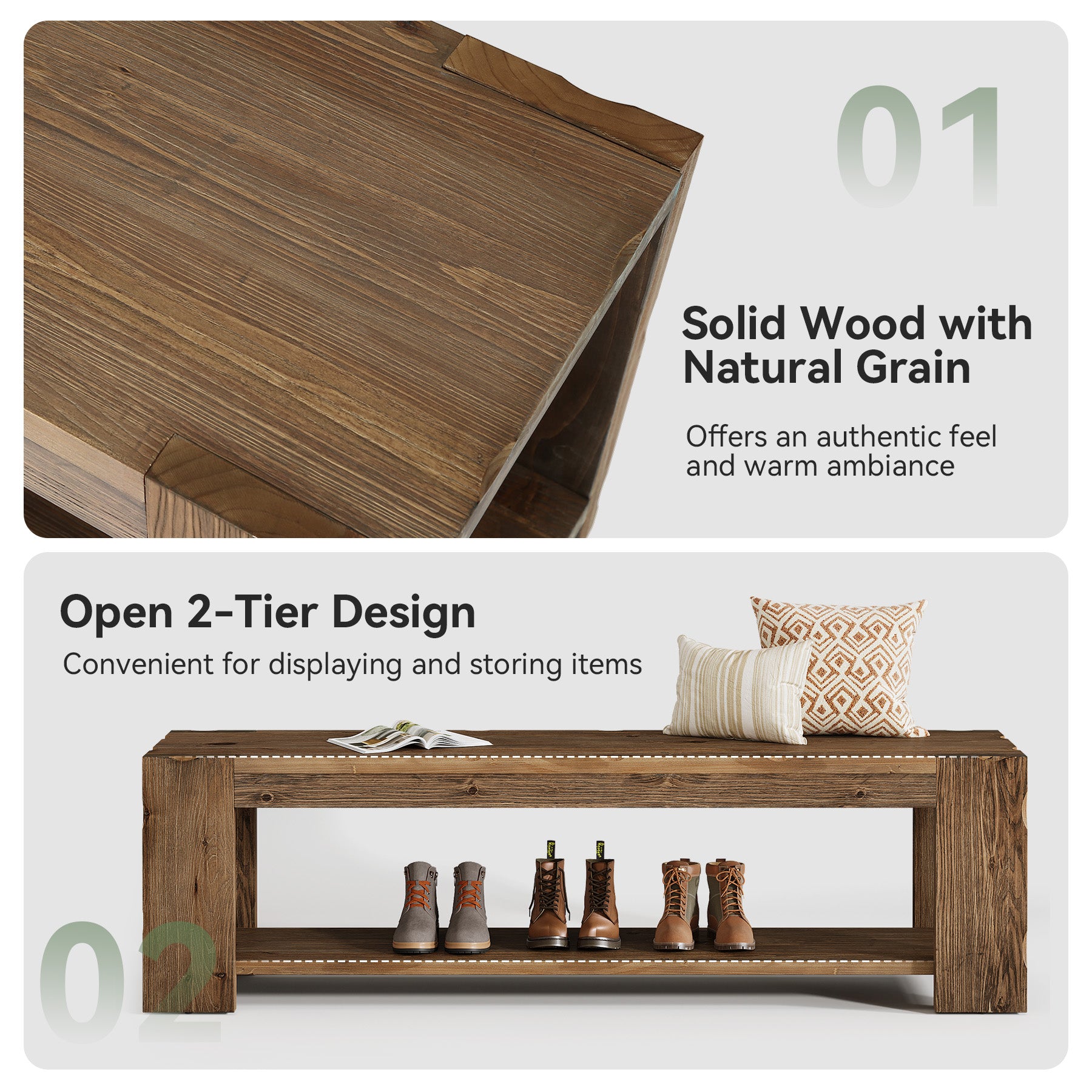 Tribesigns 55.12 Inch Solid Wood Entryway Bench with Storage Shelf, Rustic Shoe Bench for Hallway