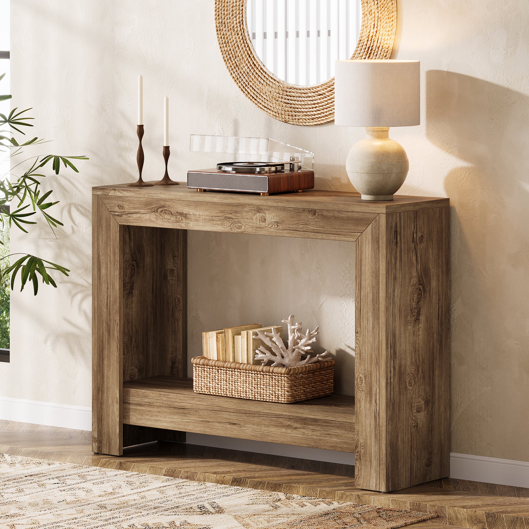 41.3-Inch Rustic Wood Console Table with Open Storage Shelves for Hallway