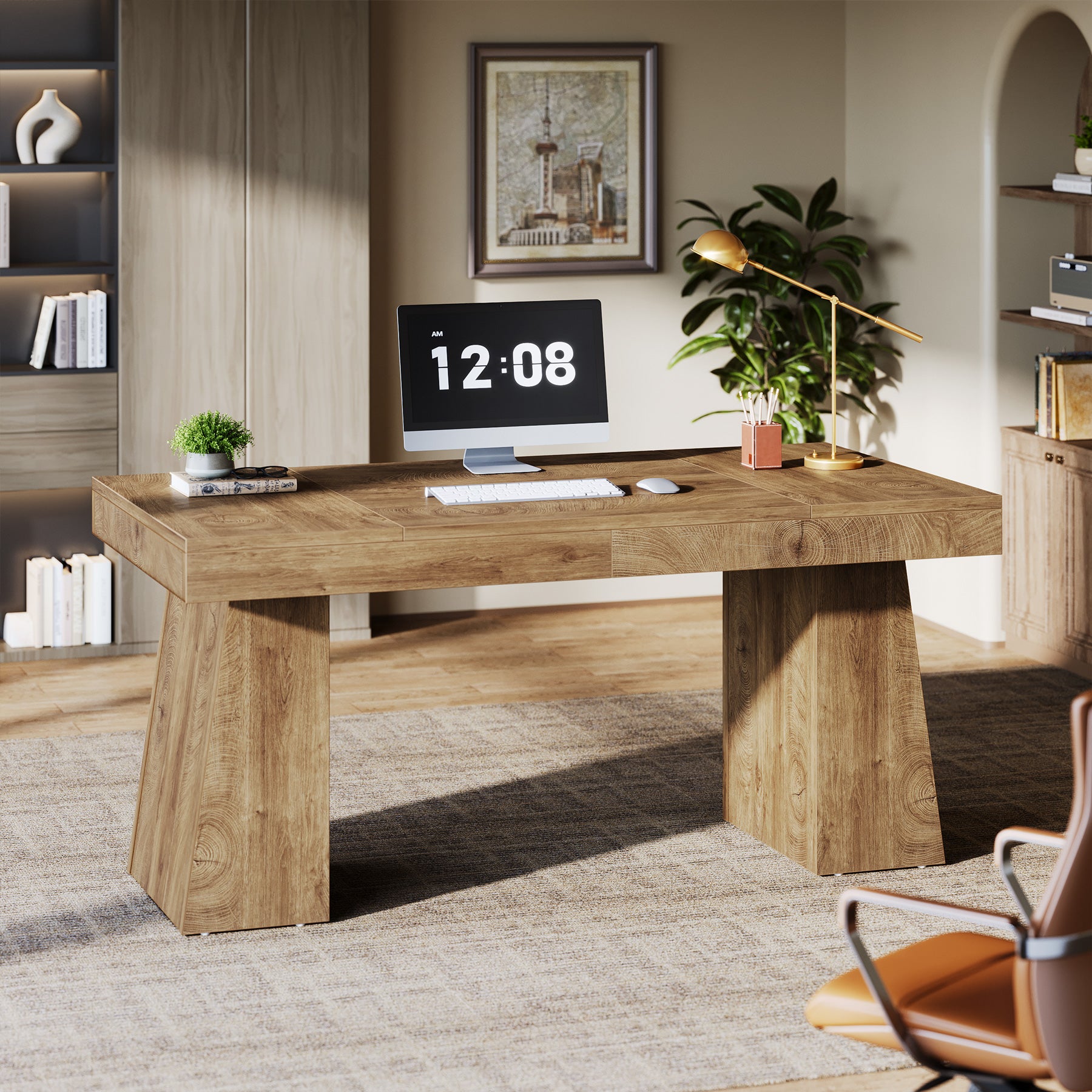 55-Inch Executive Desk, Large Wood Office Computer Desk with Double Pedestal