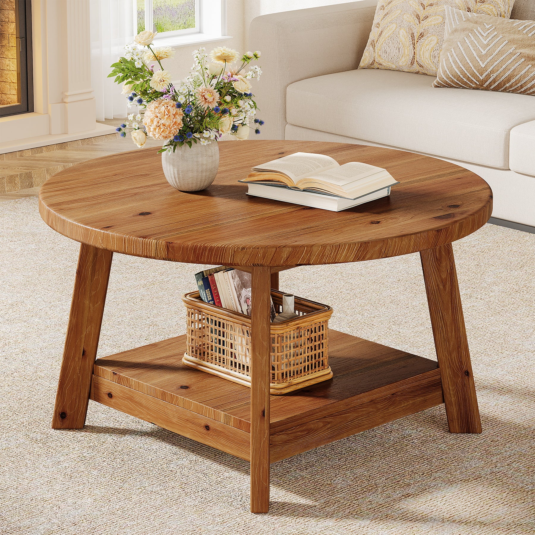 Rustic Round Coffee Table, 31.5-Inch Two-Tier Design with Tapered Wooden Legs