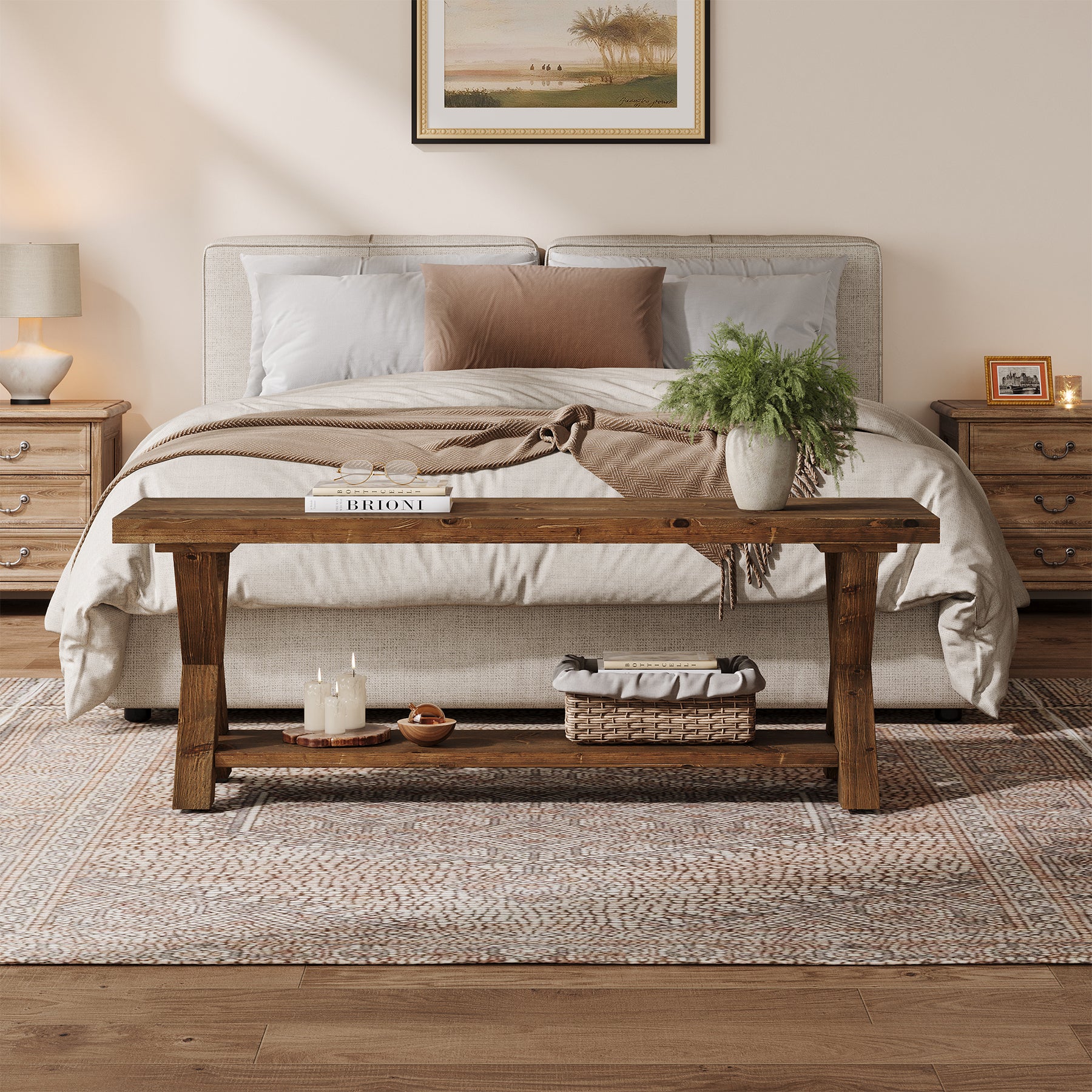 Tribesigns 43.3-Inch Solid Wood Entryway Bench with Storage Shelf and X-Shaped Legs, Farmhouse Shoe Bench for Hallway and Living Room