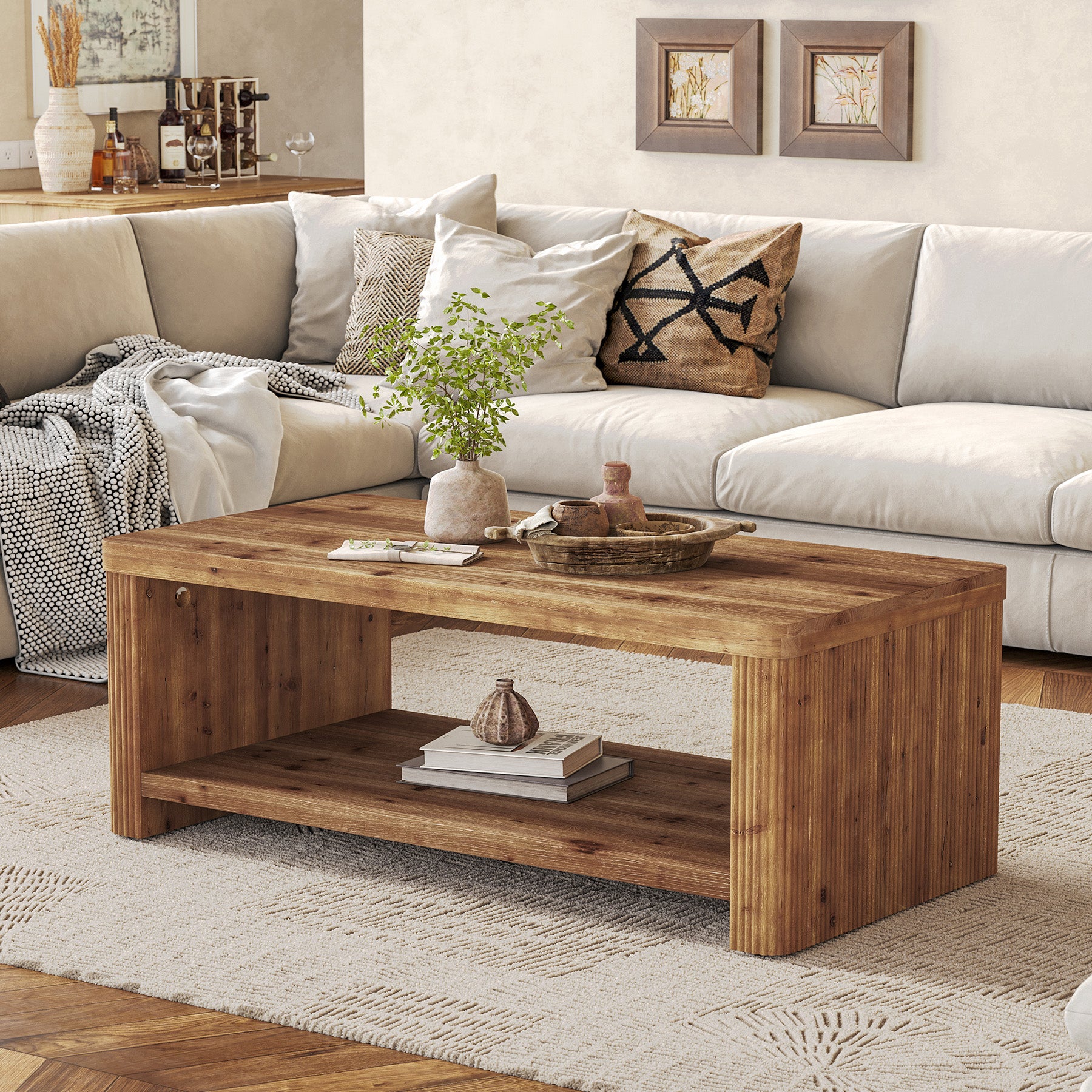 47.24" Solid Wood Coffee Table in Rustic Brown, Modern Fluted Low Rectangle Center Table with 2-Tier Storage