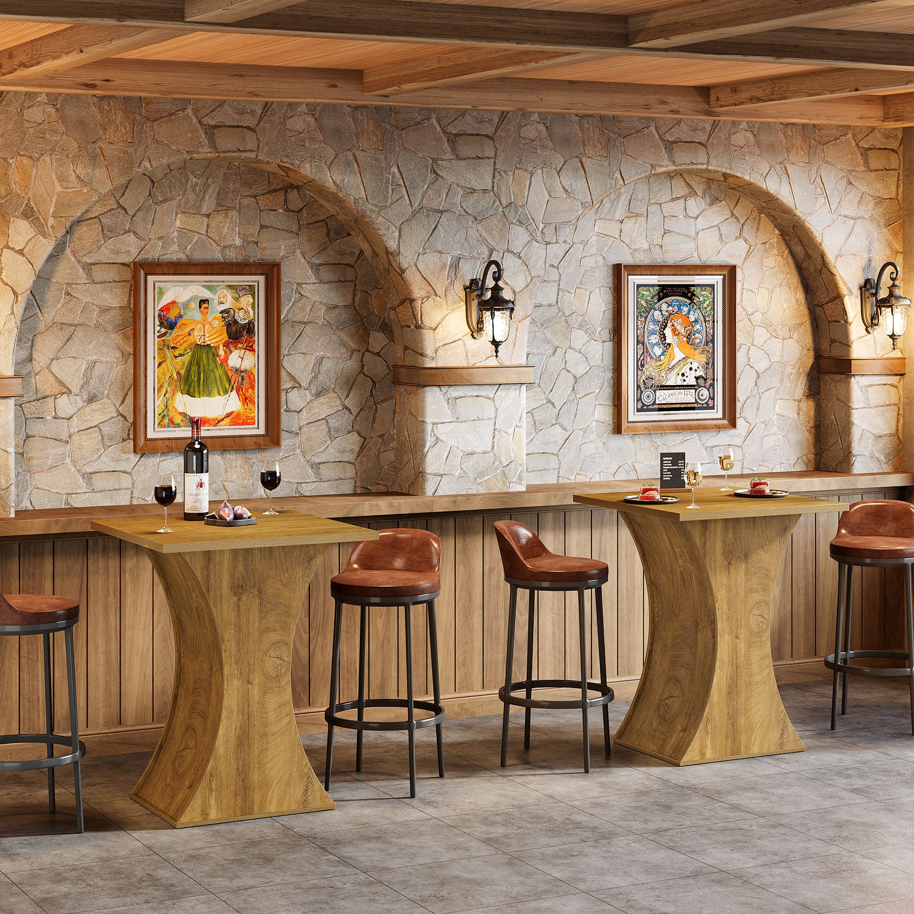 39.4 Inch Square Bar Table with Hourglass Base, Farmhouse Pub Table for Small Spaces