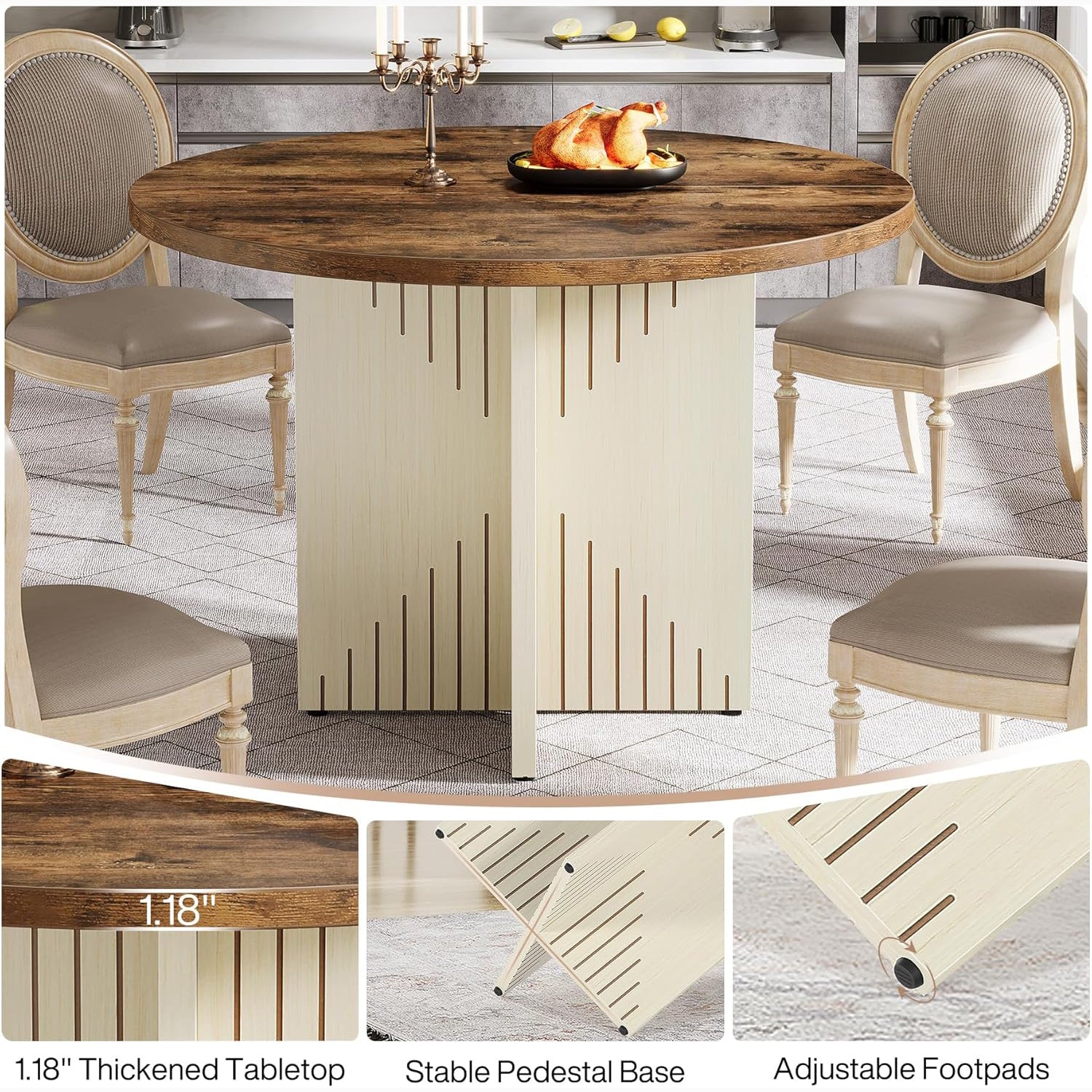 39" Round Farmhouse Dining Table for 4 with Pedestal Base - All Wood Kitchen Table in Brown & Beige