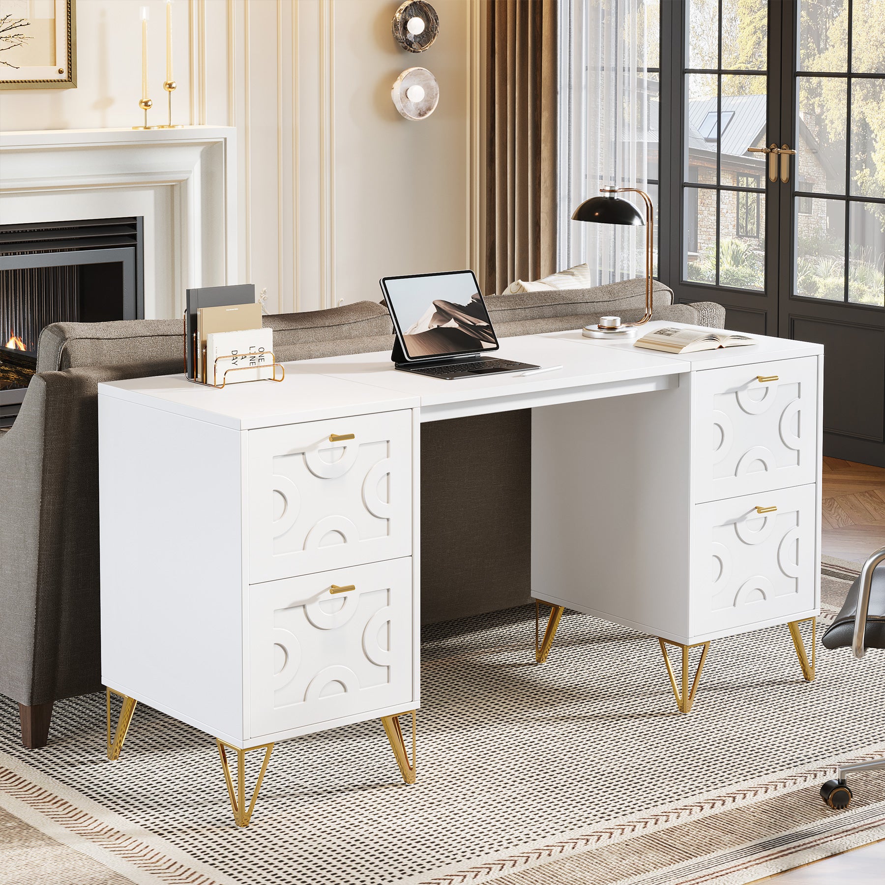 59-Inch Office Desk with Drawers, Modern White Computer Desk with Gold Legs for Home Workspace