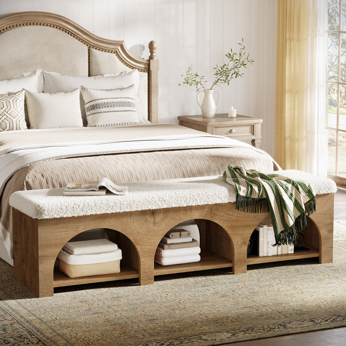 Tribesigns 63" Upholstered Entryway Bench with Arched Shoe Storage, Cushioned Bench for Hallway