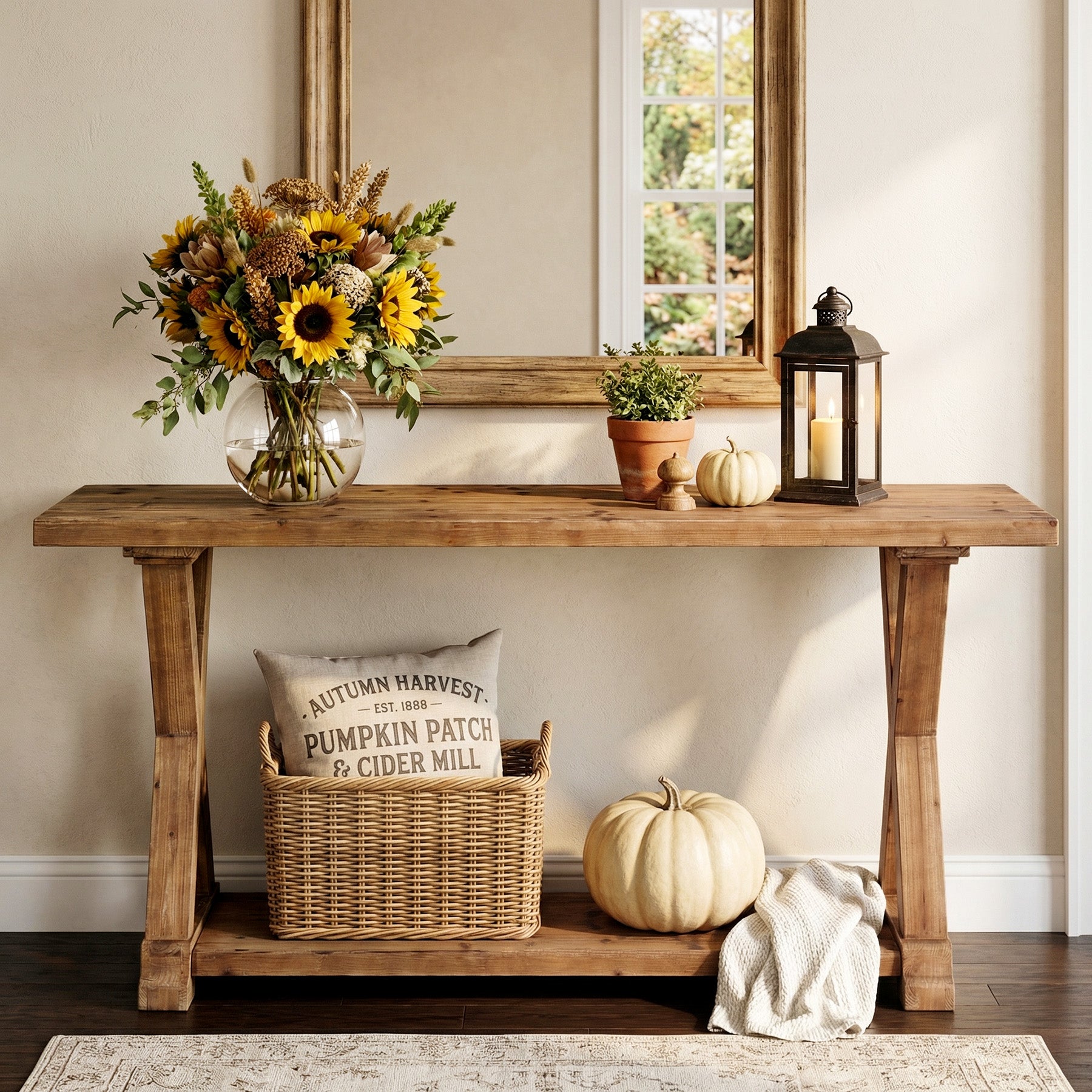 63 Inch Solid Wood Console Table with Storage, 2 Tier Farmhouse Sofa Table