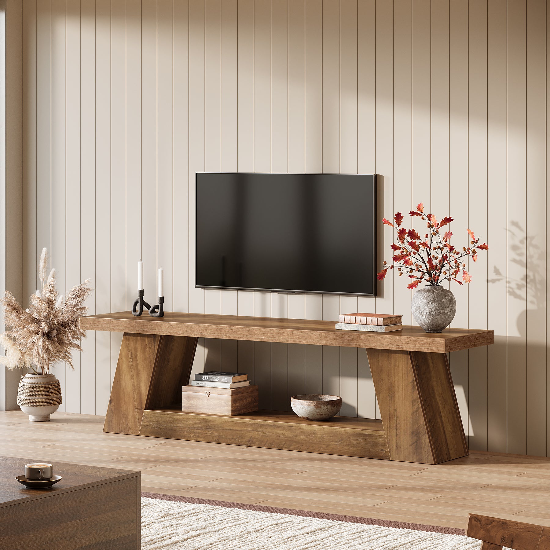 63" TV Stand for 55–75 Inch TVs with Storage Shelf, Rustic Media Console for Living Room Bedroom