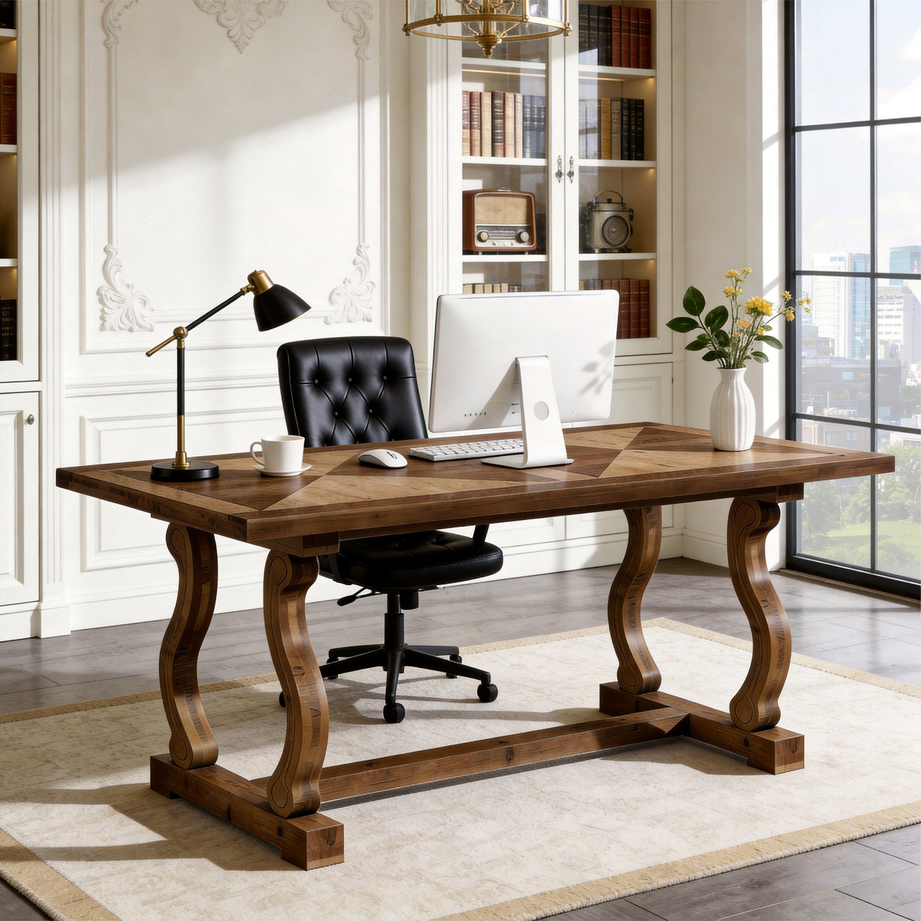 Tribesigns 63-Inch Solid Wood Executive Desk with Diamond Parquetry, Farmhouse Desk for Home Office