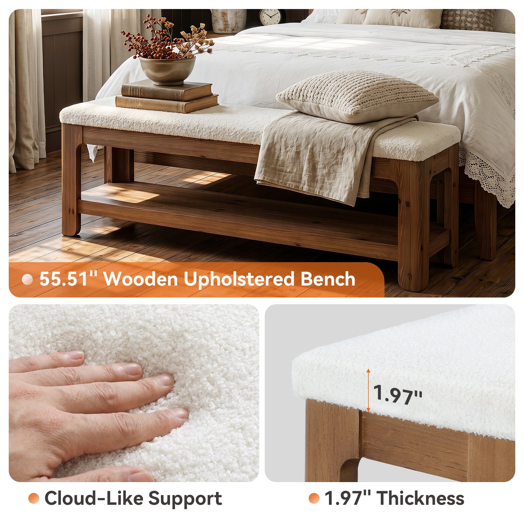 55-Inch Solid Wood Storage Bench with Faux Wool Seat, Entryway Bench for Bedroom