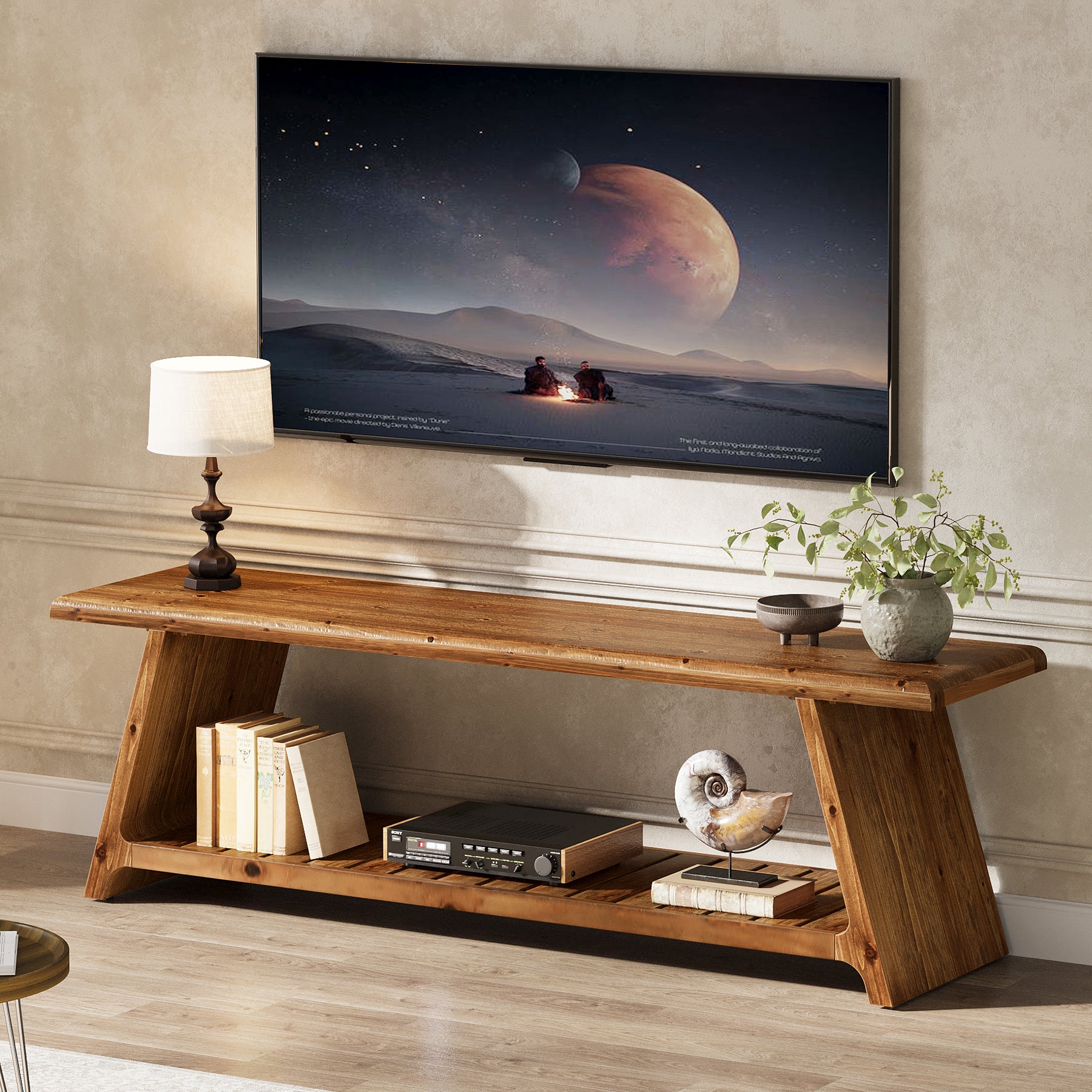 Tribesigns 63-Inch Solid Wood TV Stand with 2-Tier Storage, Farmhouse Media Console for Living Room and Bedroom