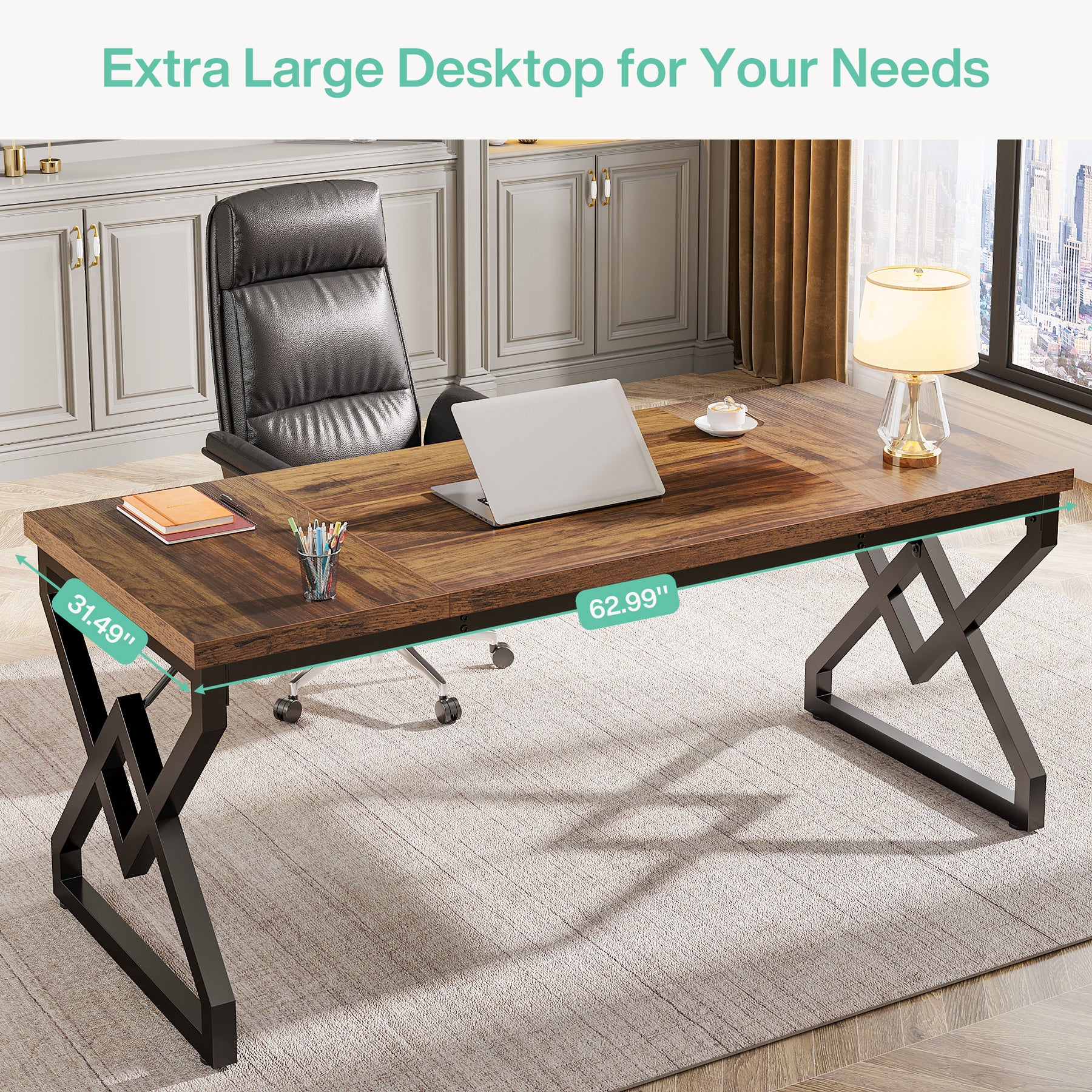 Tribesigns 63-Inch Large Office Desk, Industrial Computer Executive Desk with Extra Thick Wood-Look Top and Metal Frame for Home Office